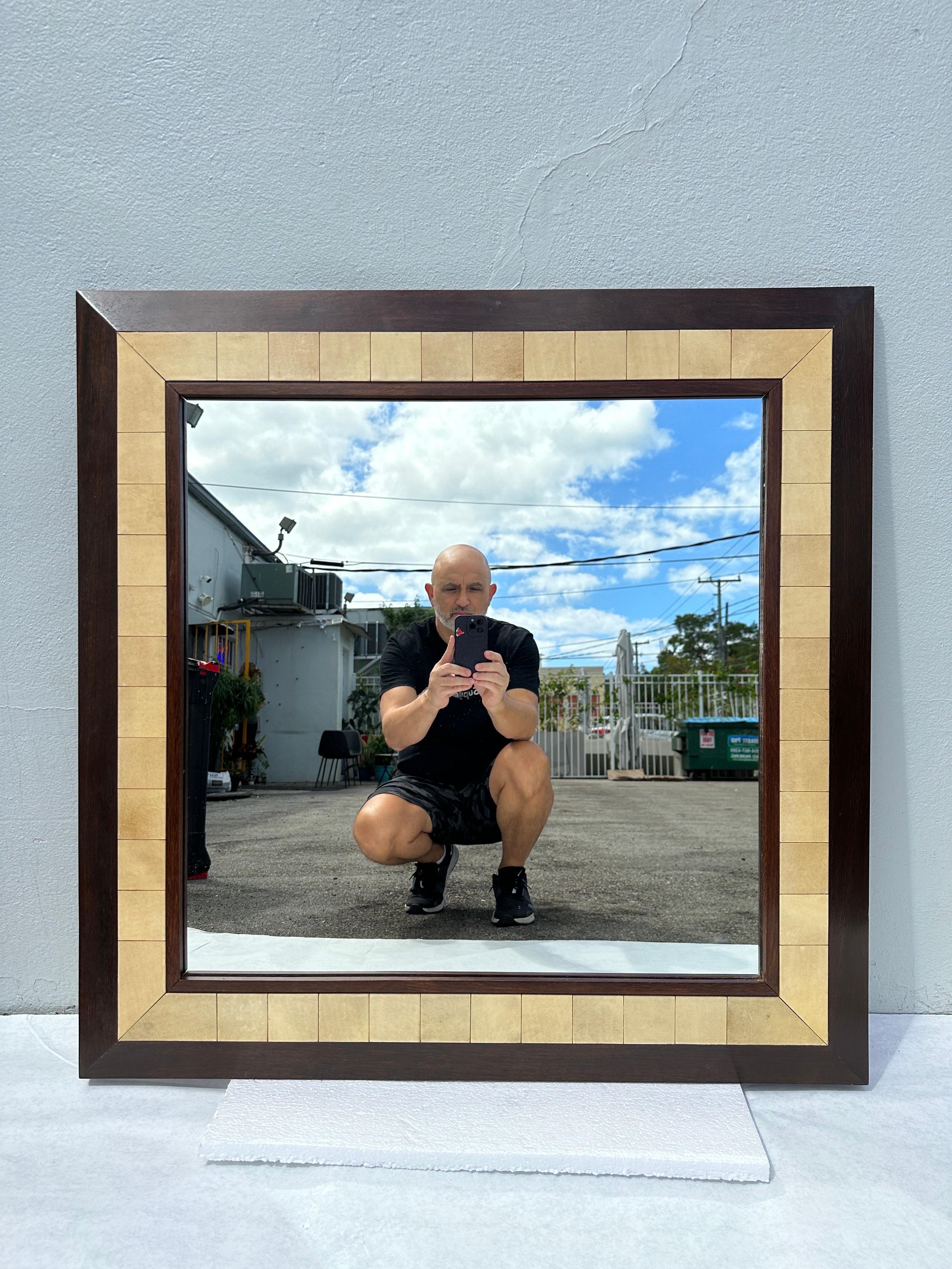 Large Square Parchment and Exotic Wood Framed Mirror by Ron Seff For Sale 2
