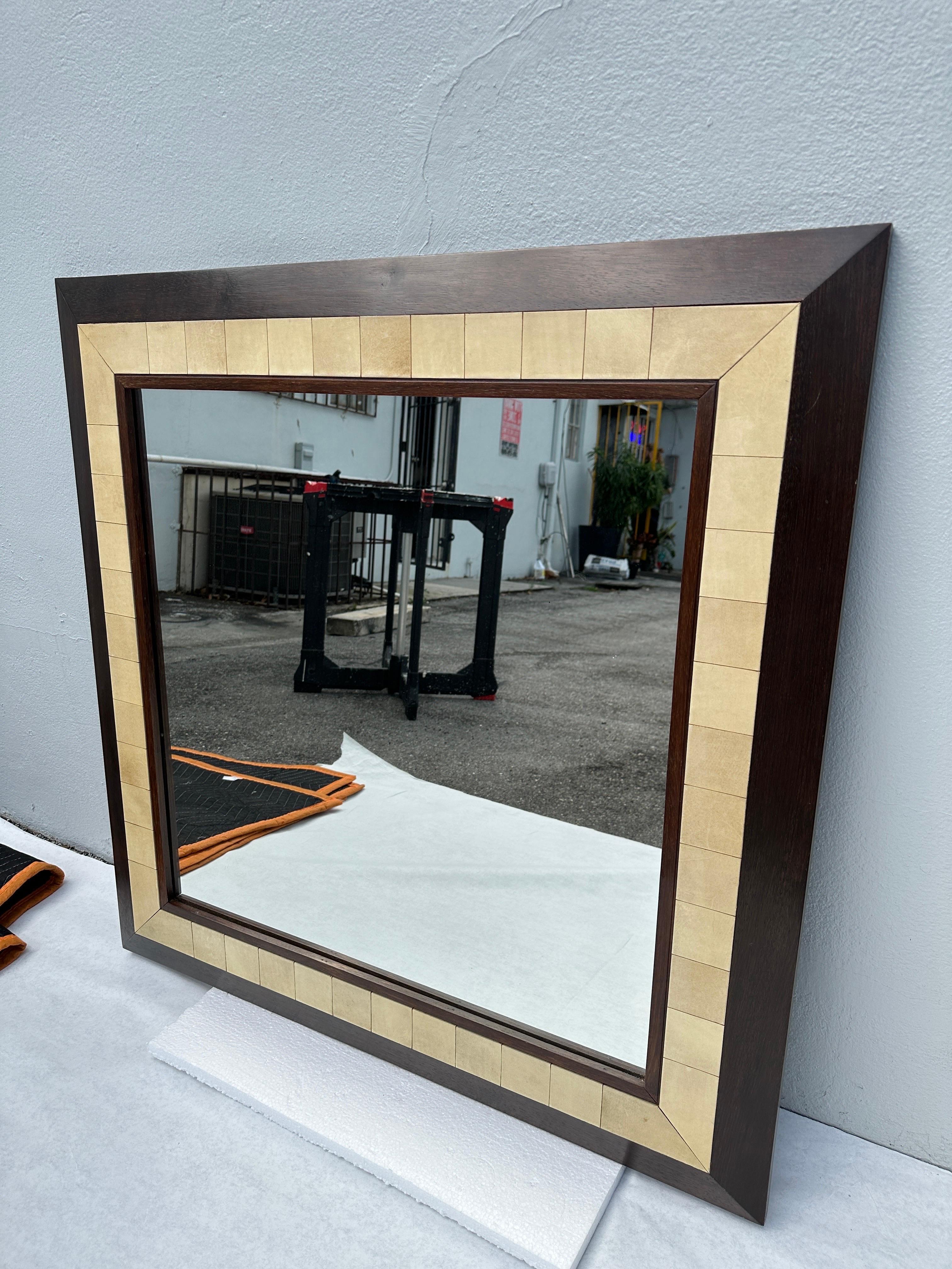 Large Square Parchment and Exotic Wood Framed Mirror by Ron Seff For Sale 4