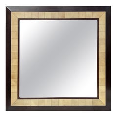 Grand miroir carré en parchemin et cadre en bois exotique de Ron Seff