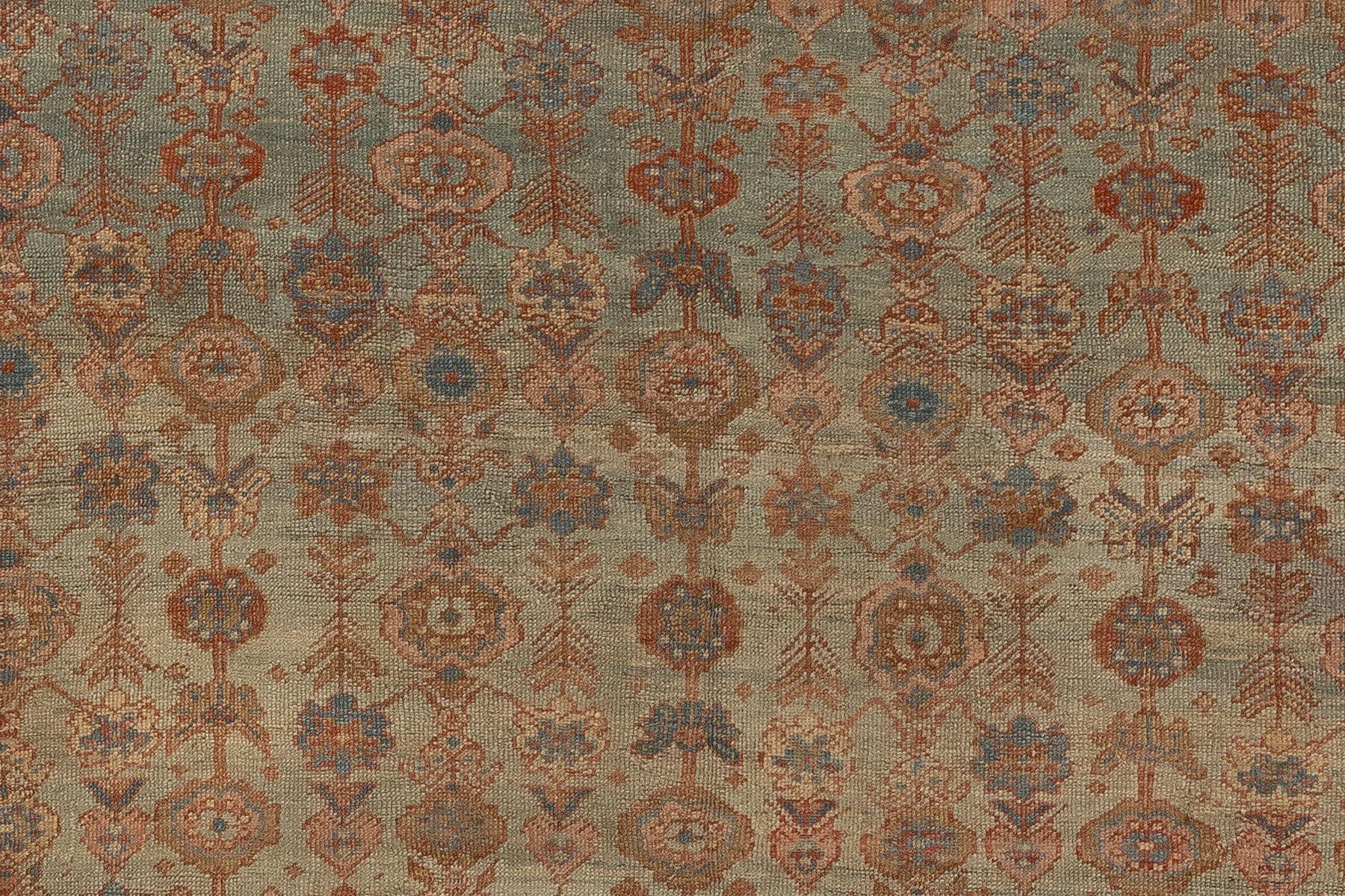 Rare large square size Persian antique Persian Bakshaish with a light blue field, accents in pink, apricot, terracotta, and blue

Measures: 14'2