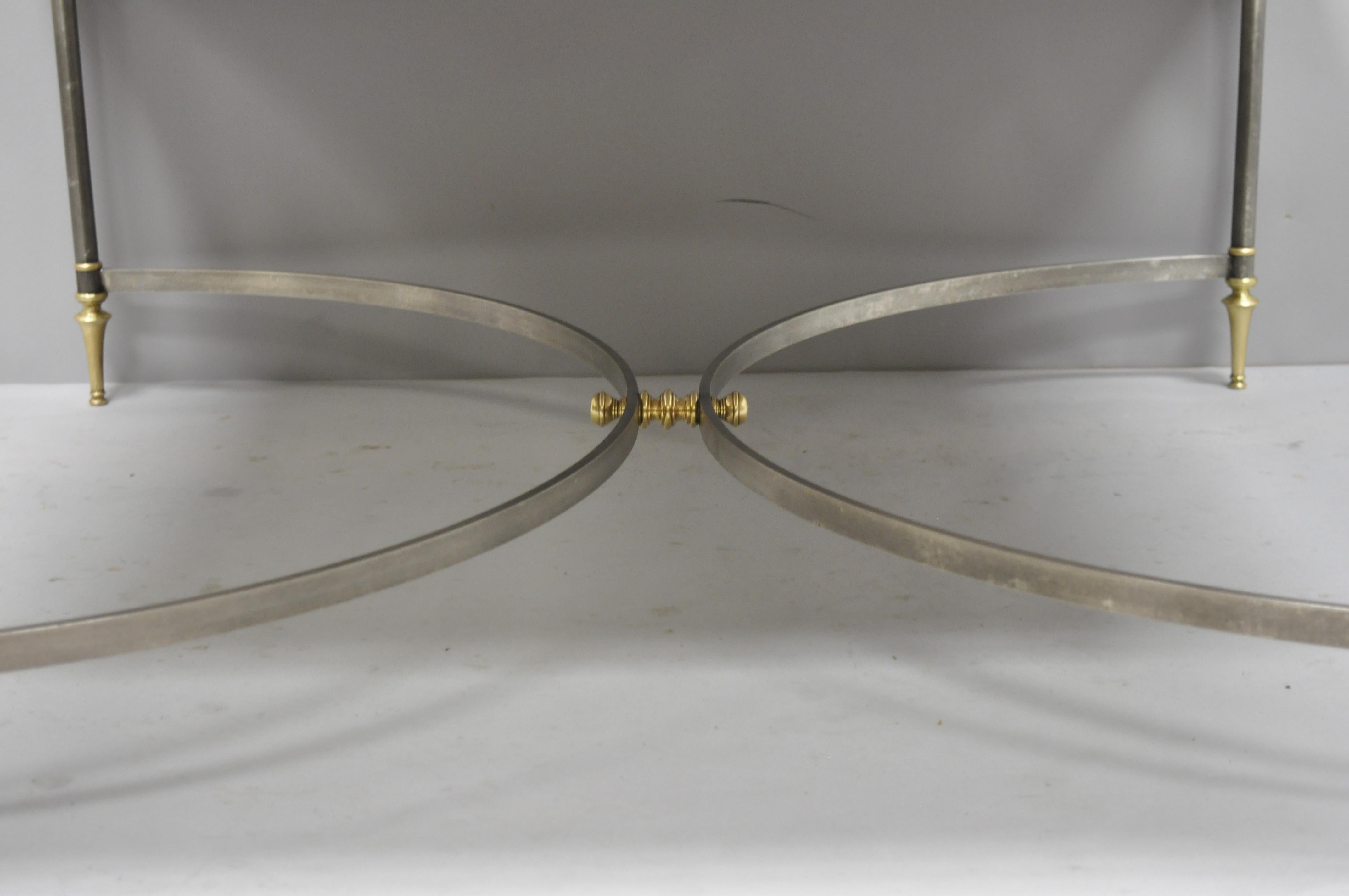 Neoclassical Large Square Pink Marble Top Steel & Brass Coffee Table Maison Jansen Attributed