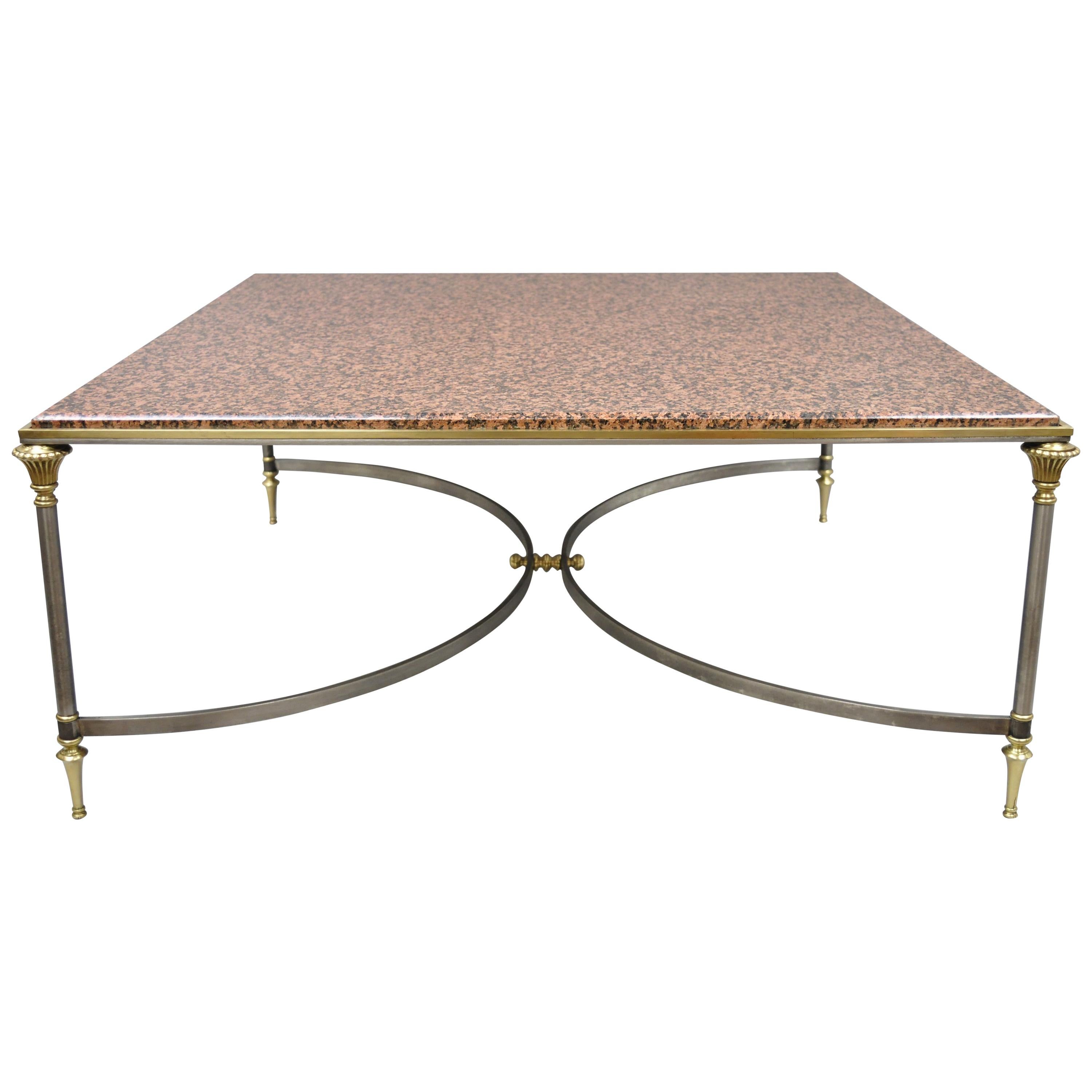 Large Square Pink Marble Top Steel & Brass Coffee Table Maison Jansen Attributed For Sale