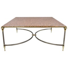 Large Square Pink Marble Top Steel & Brass Coffee Table Maison Jansen Attributed