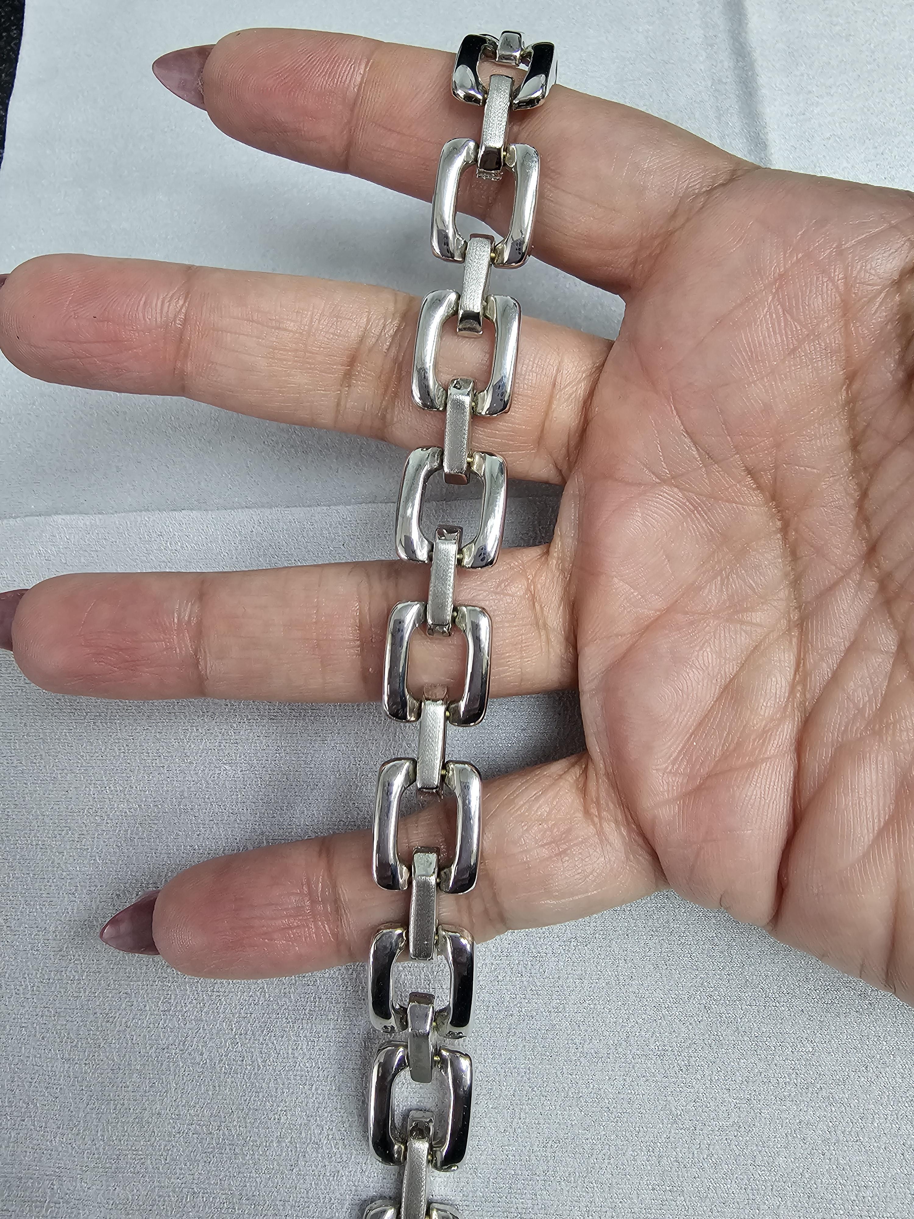 Women's or Men's Large Square Polished Cable Chain Link Bracelet with Brushed Satin Accents For Sale