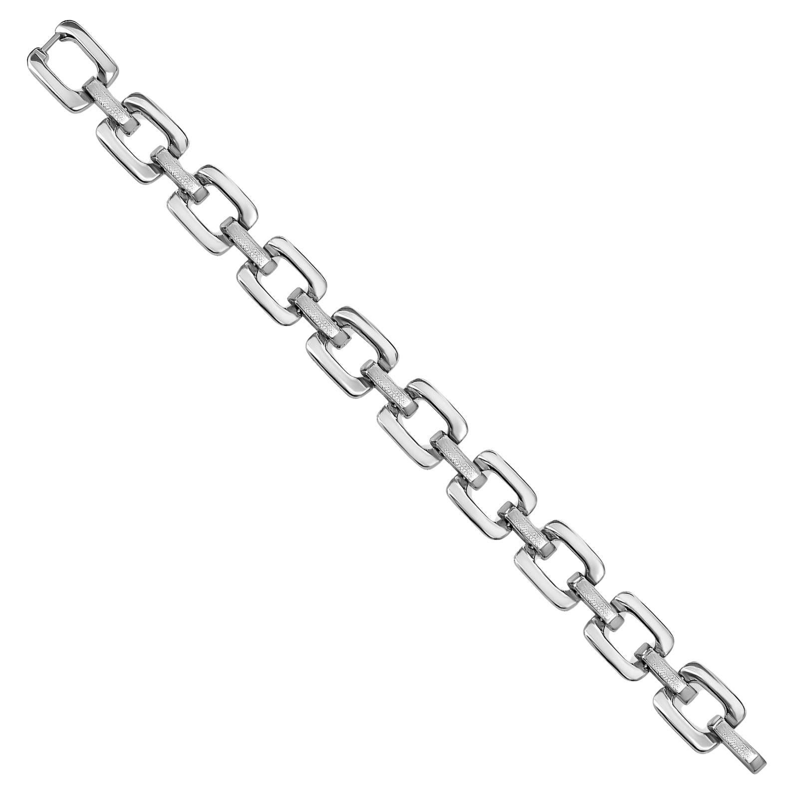 Large Square Polished Cable Chain Link Bracelet with Brushed Satin Accents For Sale