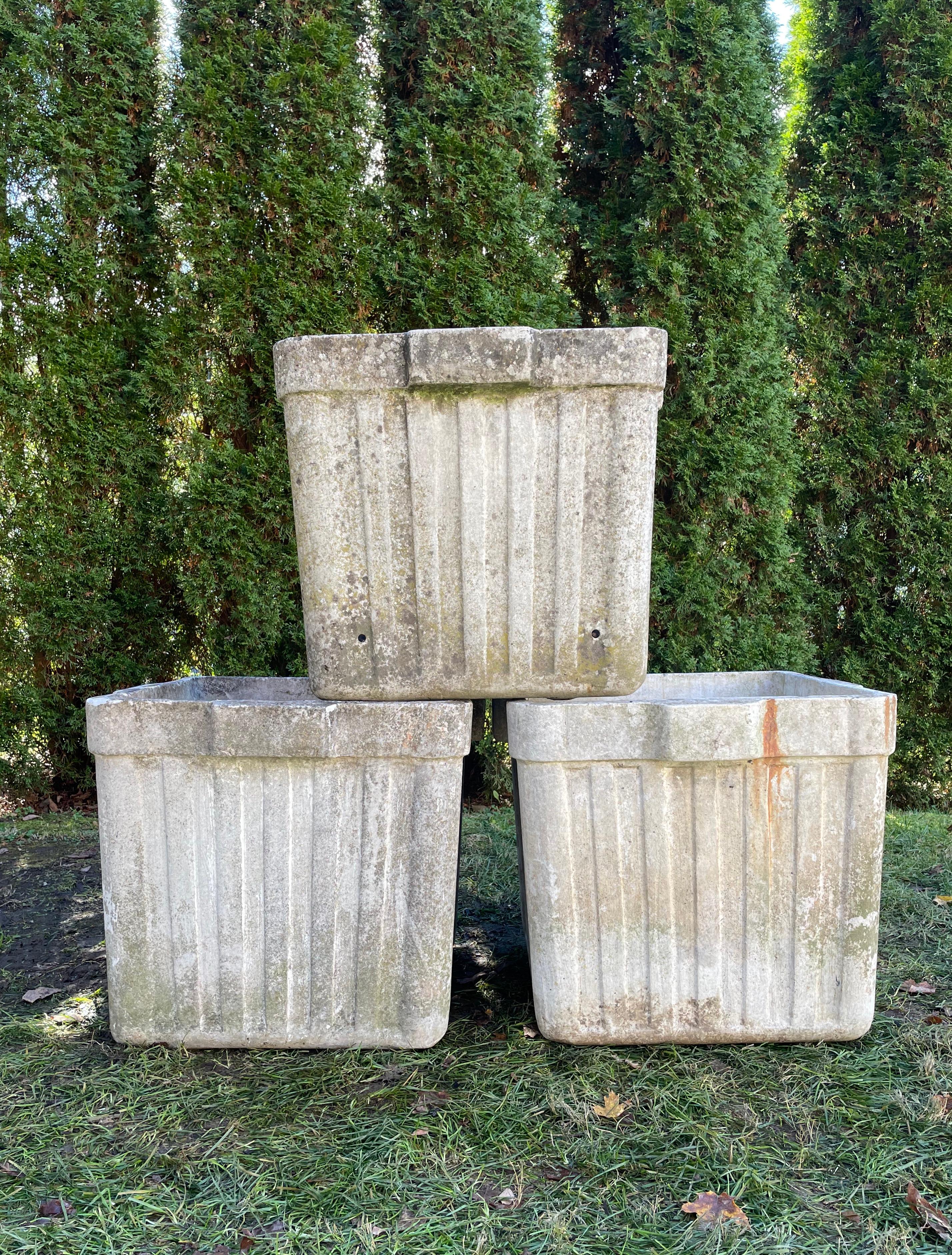 Designed by the iconic Willy Guhl in the 1960s and made of strong and lightweight fiber cement by Eternit, SA of Switzerland, these square planters sport a great natural patina and are in excellent condition. Plant them up with low mounded moss or