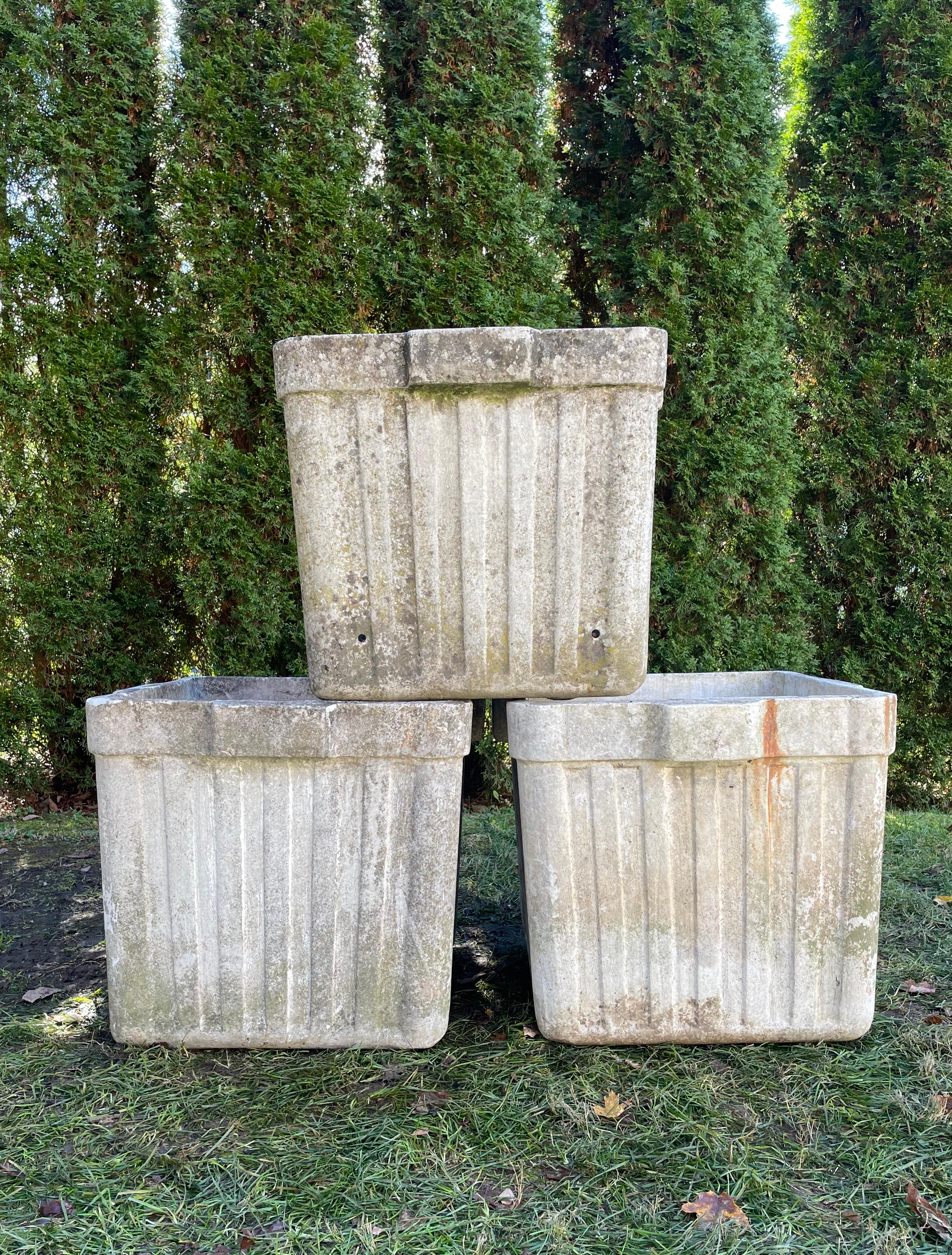 Designed by the iconic Willy Guhl in the 1960s and made of strong and lightweight fiber cement by Eternit, SA of Switzerland, these square planters sport a great natural patina and are in excellent condition. Plant them up with low mounded moss or