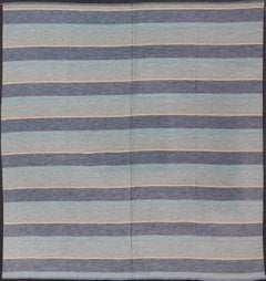 Large Square Scandinavian Flat Weave Rug in Gray, Blue, and Soft Yellow