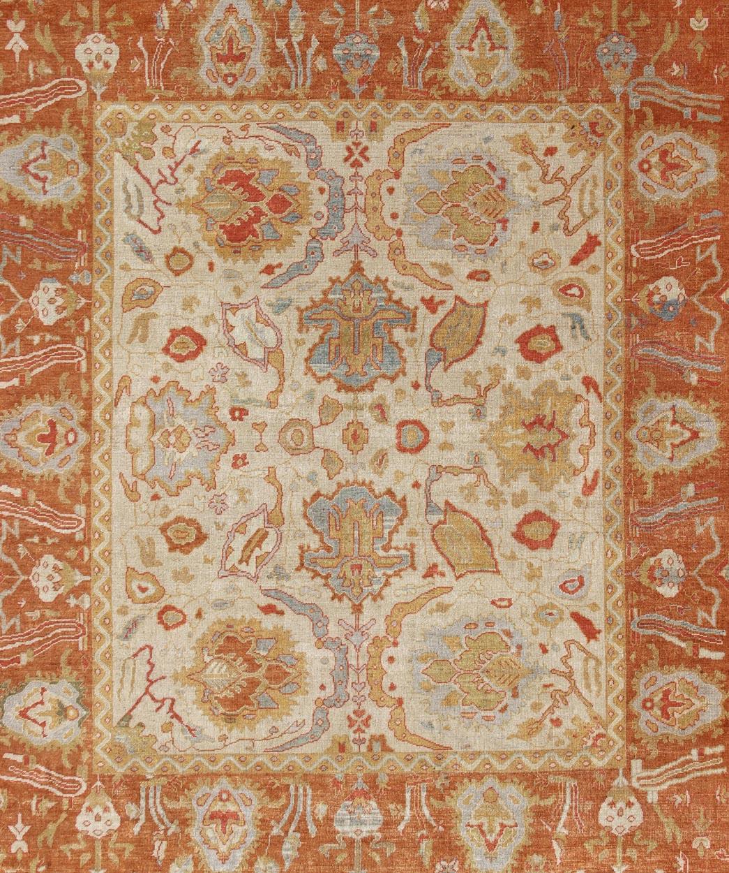 Großer quadratischer türkischer Angora- Oushak-Teppich in Orange, Elfenbein und mehrfarbig (Handgeknüpft) im Angebot