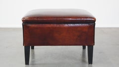 Large square sheepskin leather ottoman with a beautiful patina