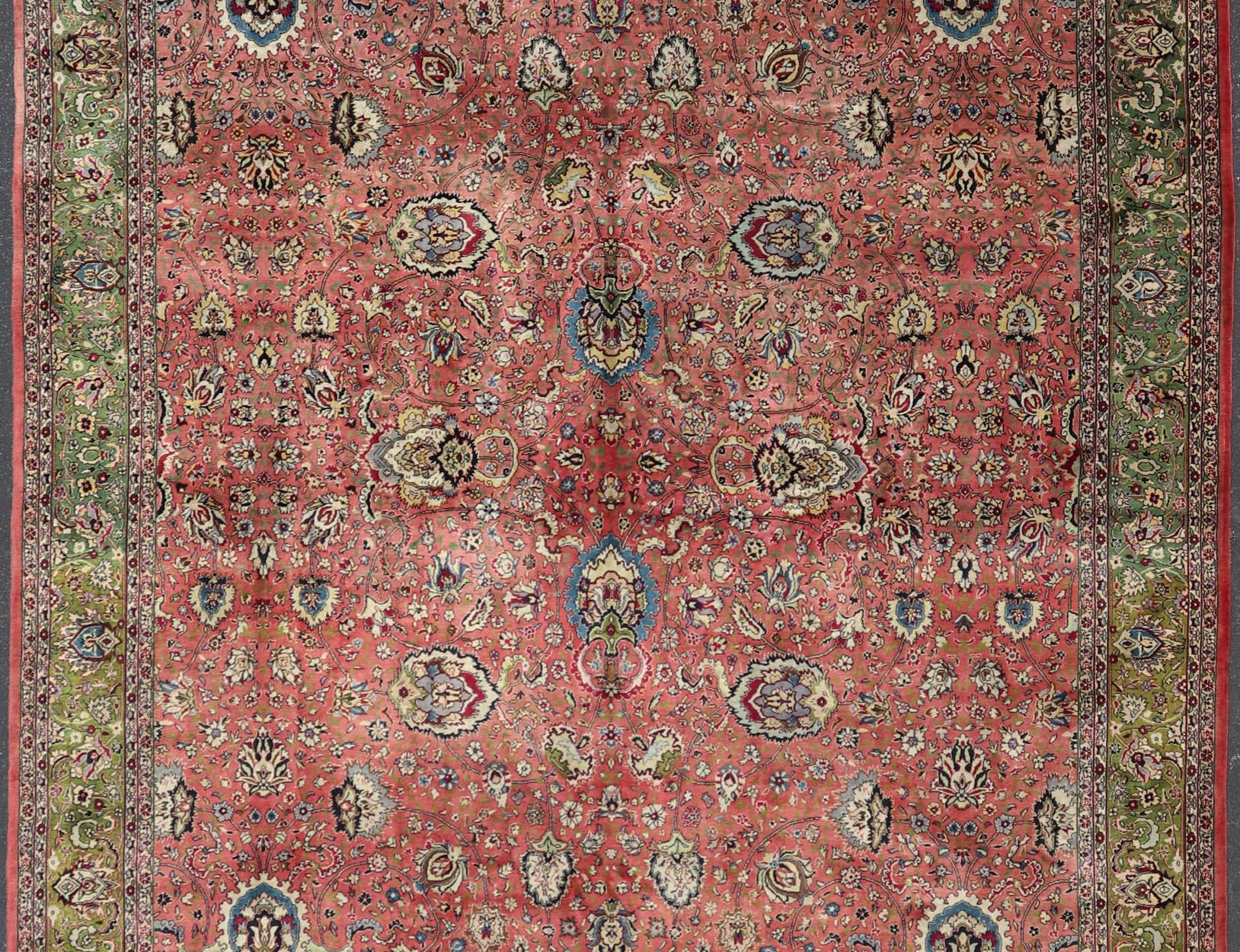 Large Square Size Vintage Persian Tabriz Rug  in Coral Pink and Acid Green For Sale 8