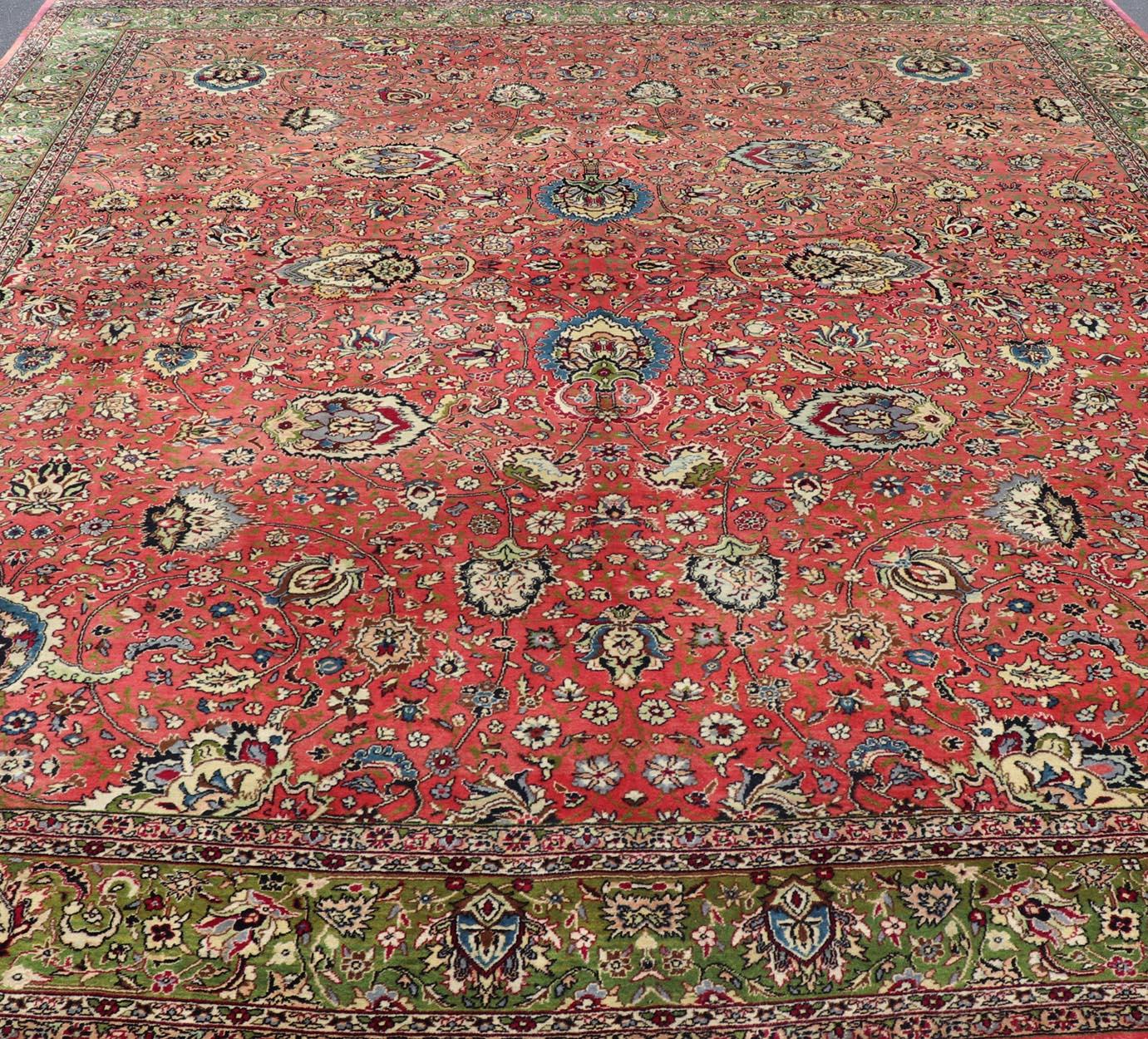 Large Vintage Persian Tabriz Rug with All-Over Design in Cora pink and Acid Green. Keivan Woven Arts / rug X23-0612-444, country of origin / type:  / Tabriz, circa 1950

Measures: 13' x 15'4 

This vintage Squarish size Tabriz carpet features a