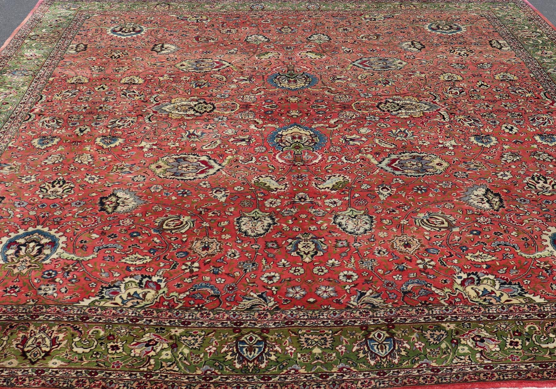 Hand-Knotted Large Square Size Vintage Persian Tabriz Rug  in Coral Pink and Acid Green For Sale