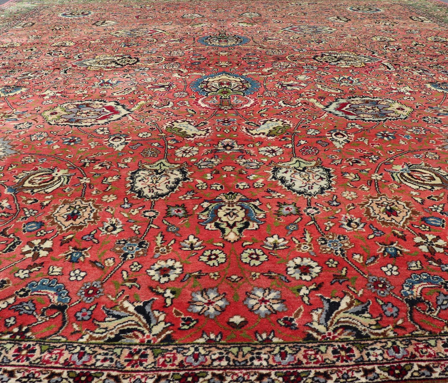 Large Square Size Vintage Persian Tabriz Rug  in Coral Pink and Acid Green In Excellent Condition For Sale In Atlanta, GA