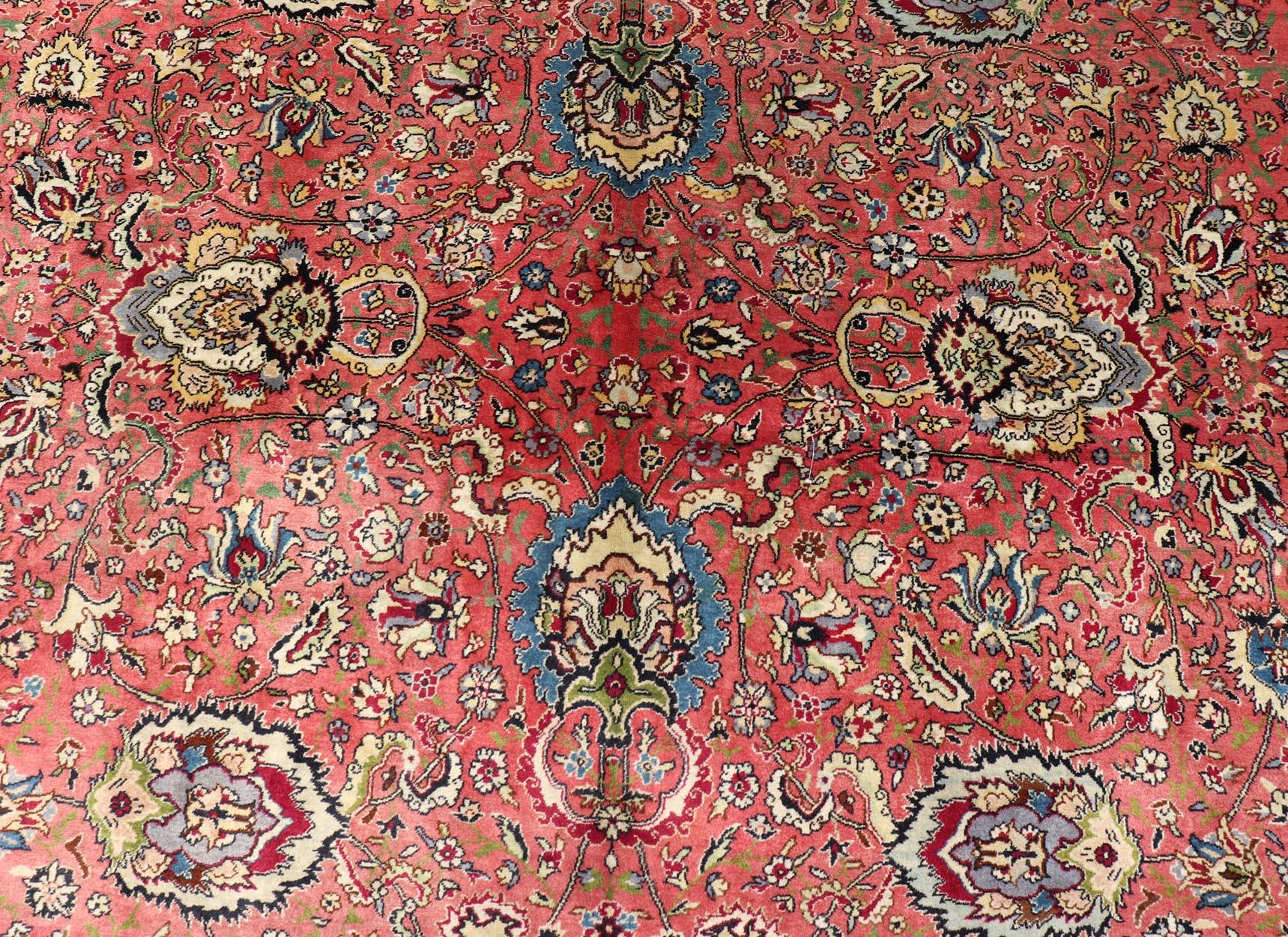 20th Century Large Square Size Vintage Persian Tabriz Rug  in Coral Pink and Acid Green For Sale