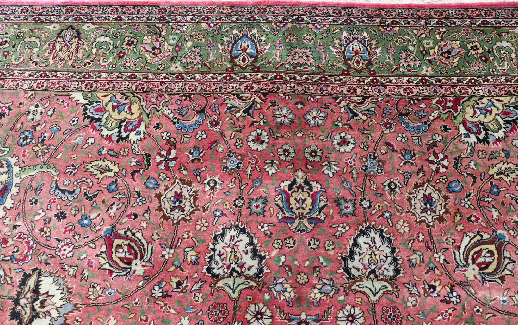 Large Square Size Vintage Persian Tabriz Rug  in Coral Pink and Acid Green For Sale 1