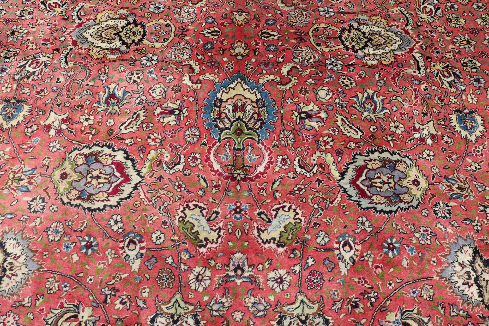 Large Square Size Vintage Persian Tabriz Rug  in Coral Pink and Acid Green For Sale 3