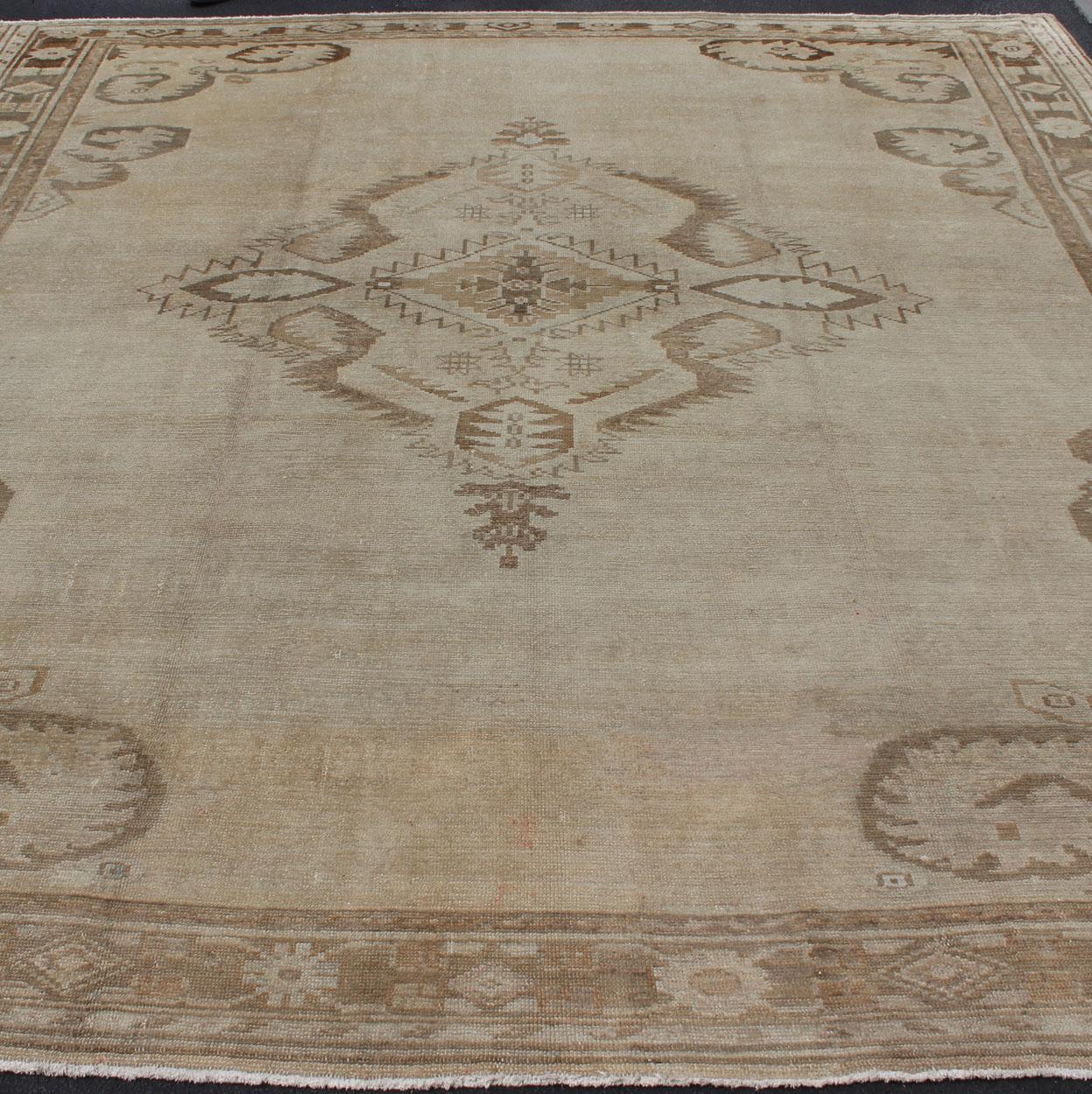 Large Square Size Vintage Turkish Oushak Rug in Earthy Tones With Medallion For Sale 1