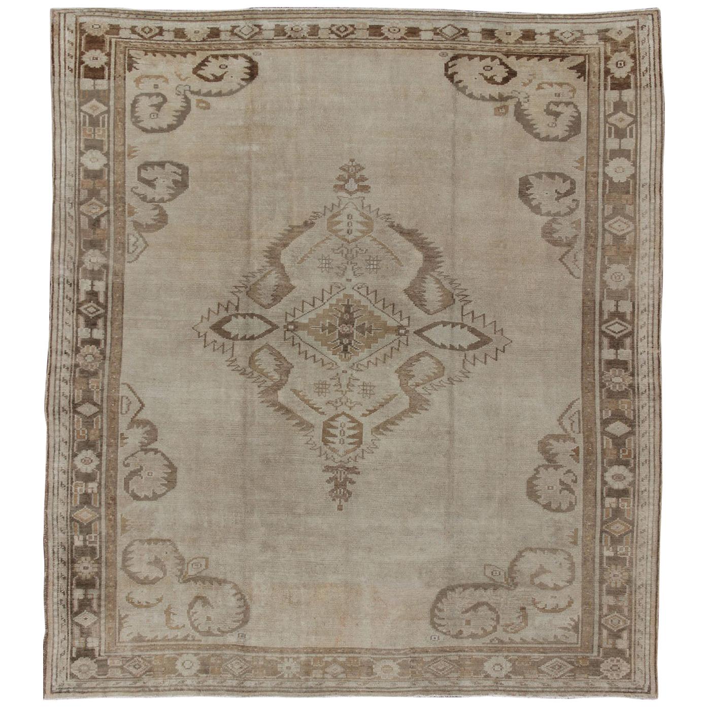 Large Square Size Vintage Turkish Oushak Rug in Earthy Tones With Medallion For Sale
