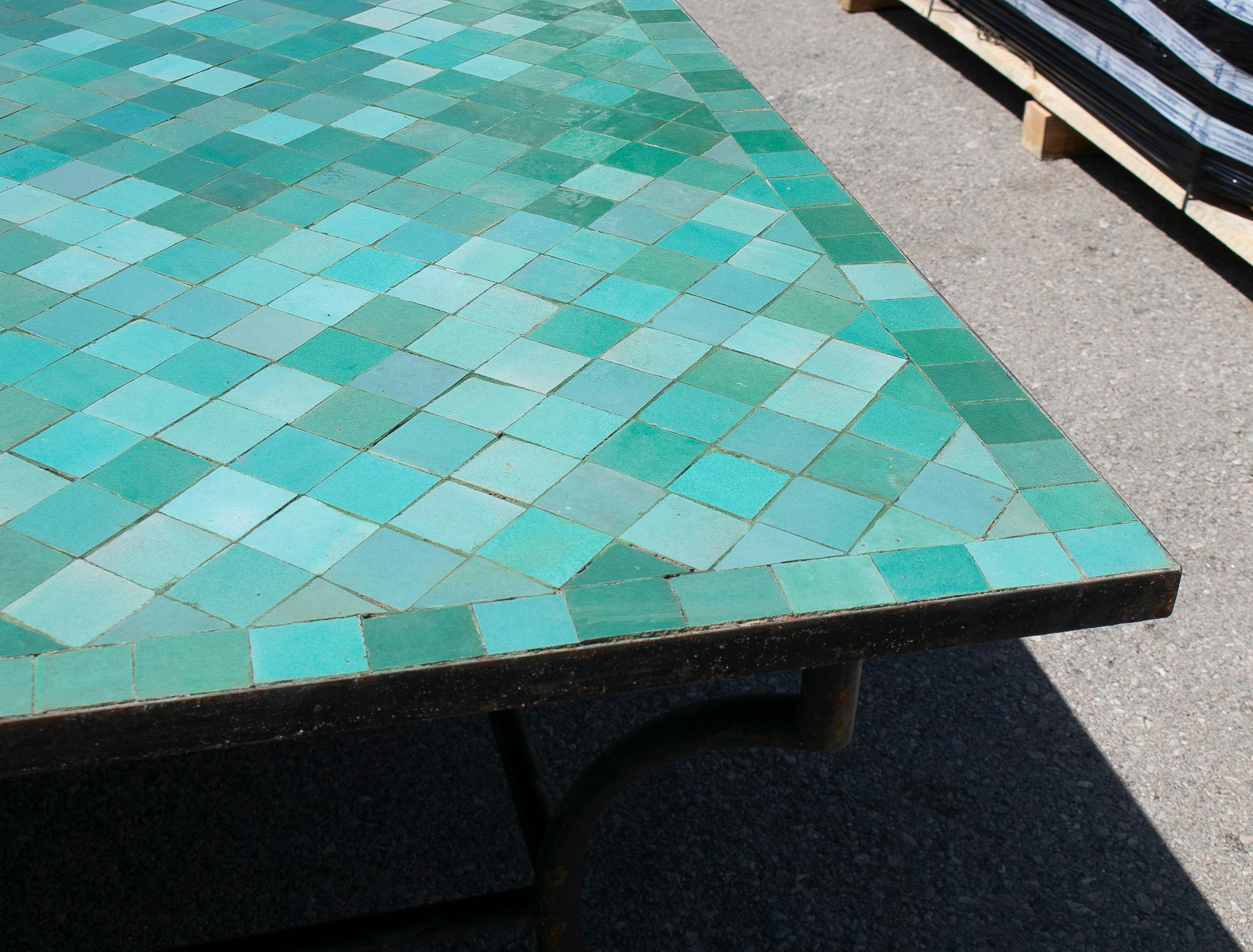 Large Square Spanish Green Glazed Zellige Tiled Mosaic Iron Outdoor Table 1