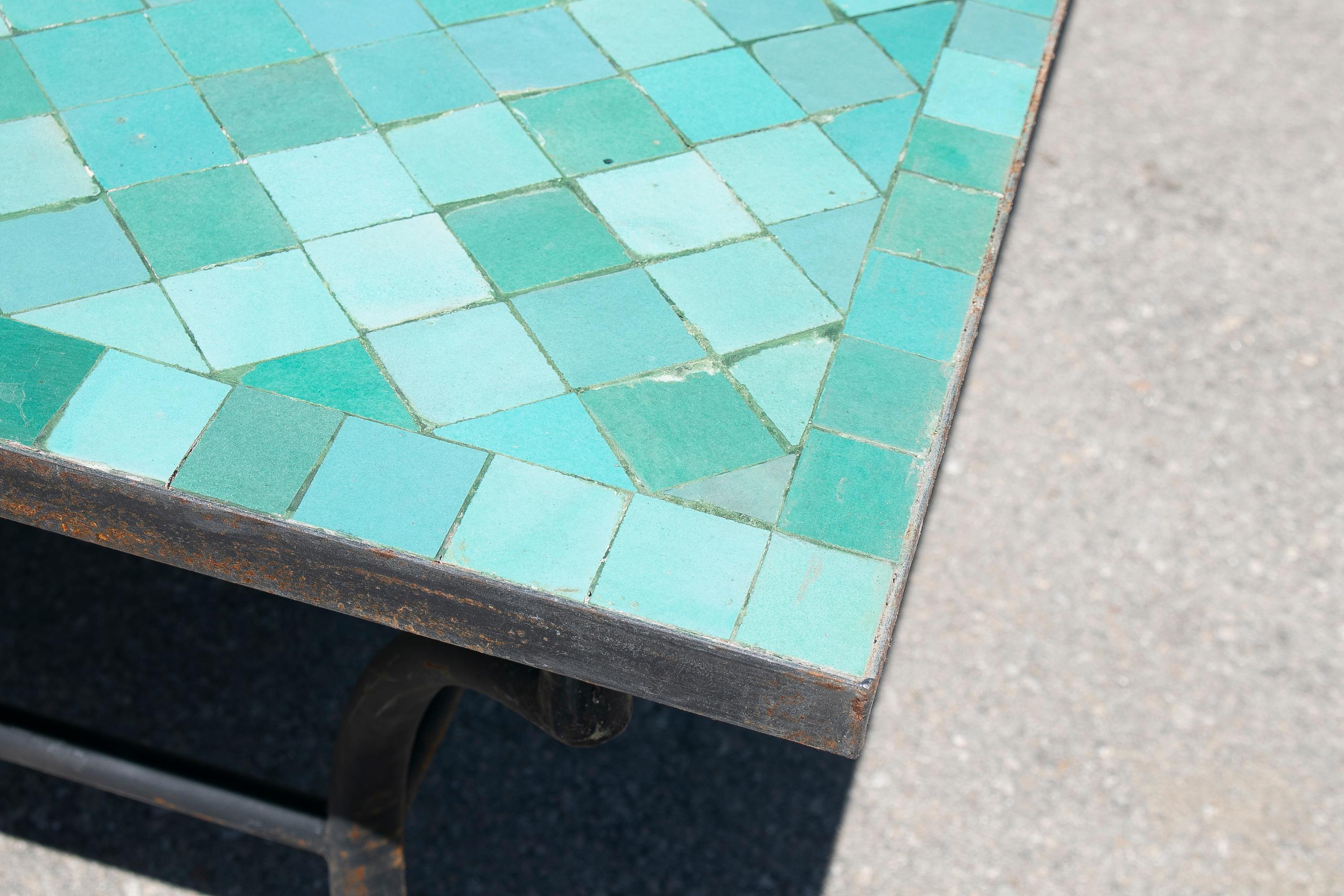 Large Square Spanish Green Glazed Zellige Tiled Mosaic Iron Outdoor Table 2
