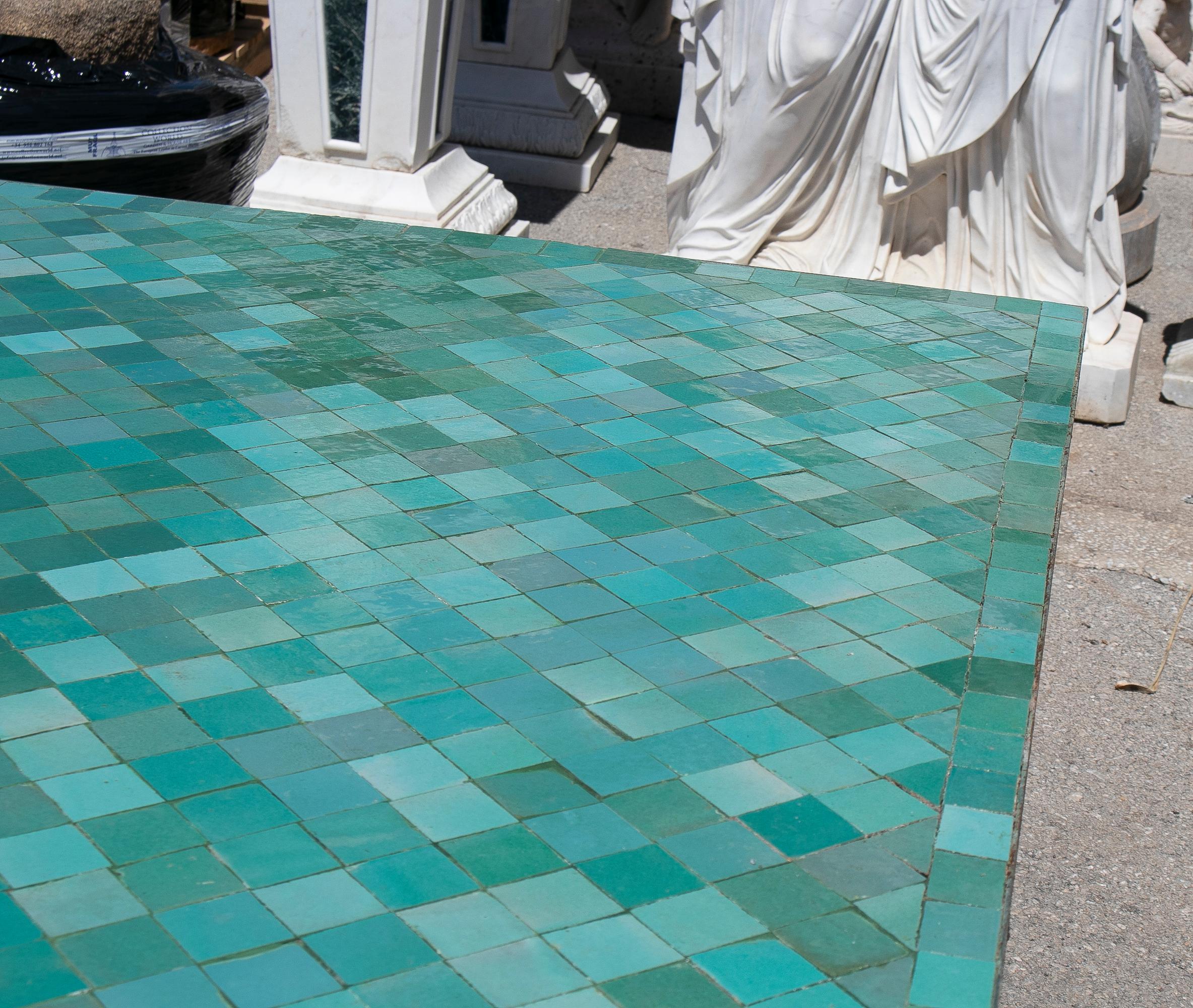Large Square Spanish Green Glazed Zellige Tiled Mosaic Iron Outdoor Table 6