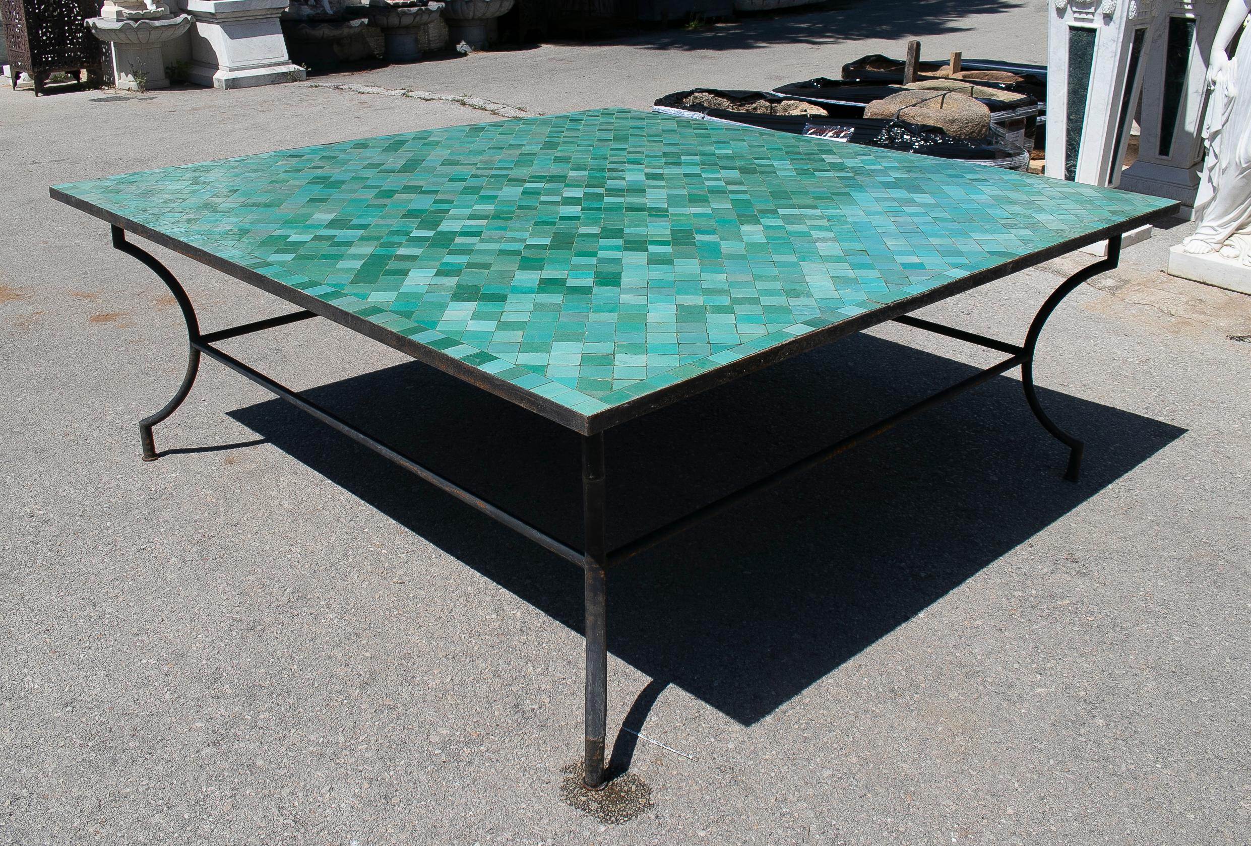 Large square Spanish handmade green glazed Zellige tiled mosaic iron outdoor garden table.