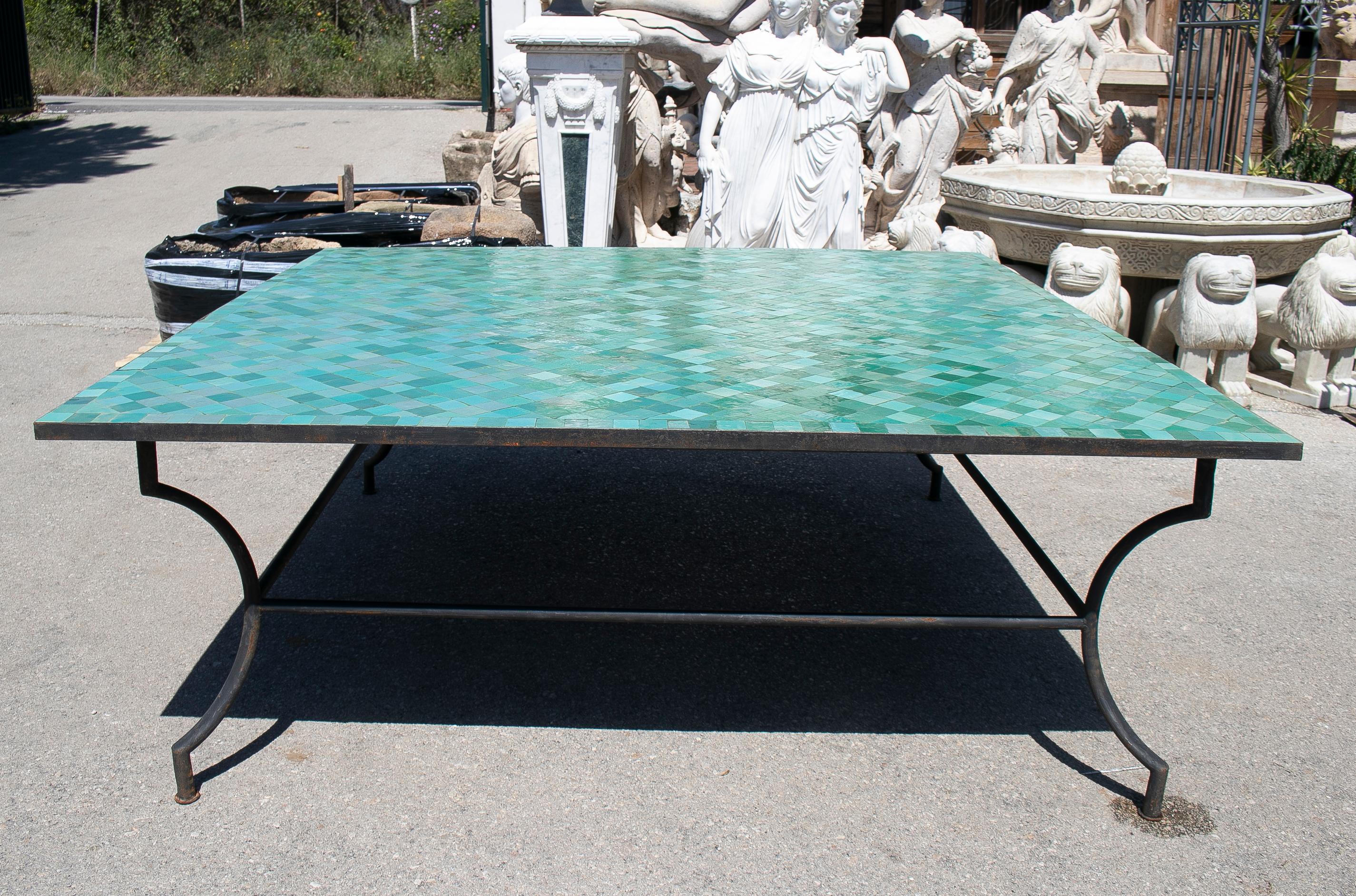 European Large Square Spanish Green Glazed Zellige Tiled Mosaic Iron Outdoor Table