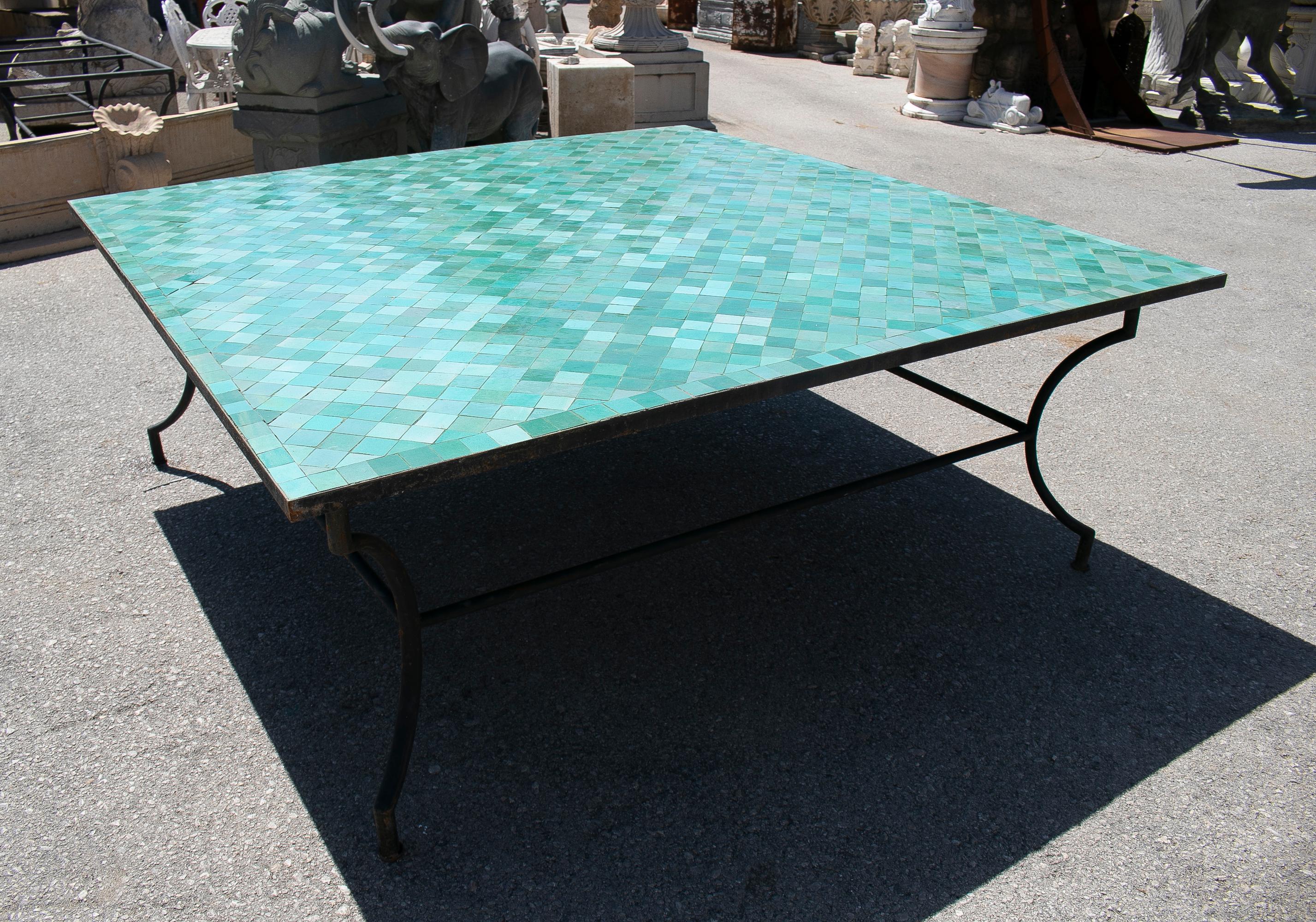 Large Square Spanish Green Glazed Zellige Tiled Mosaic Iron Outdoor Table In New Condition In Marbella, ES