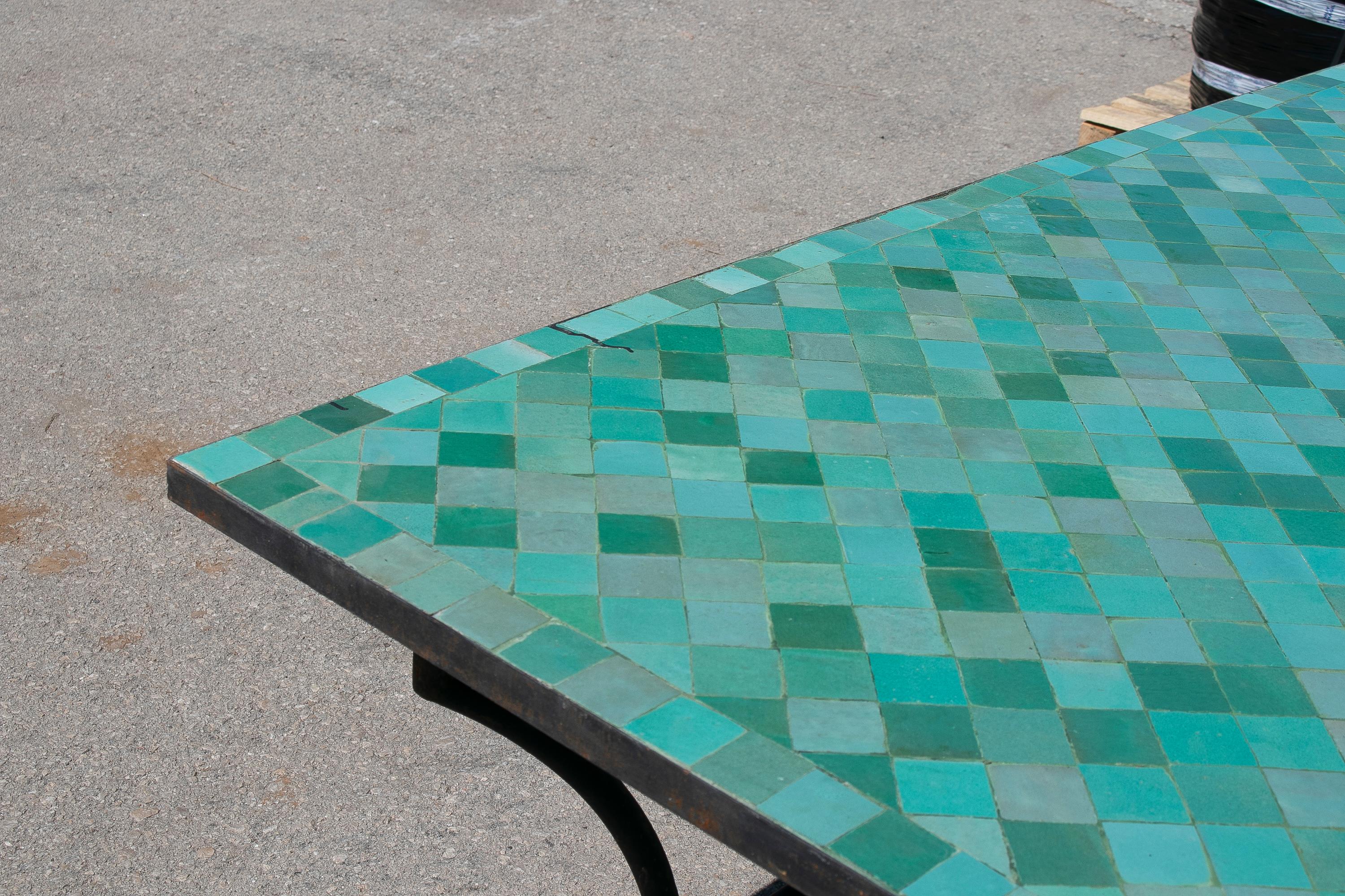 Contemporary Large Square Spanish Green Glazed Zellige Tiled Mosaic Iron Outdoor Table