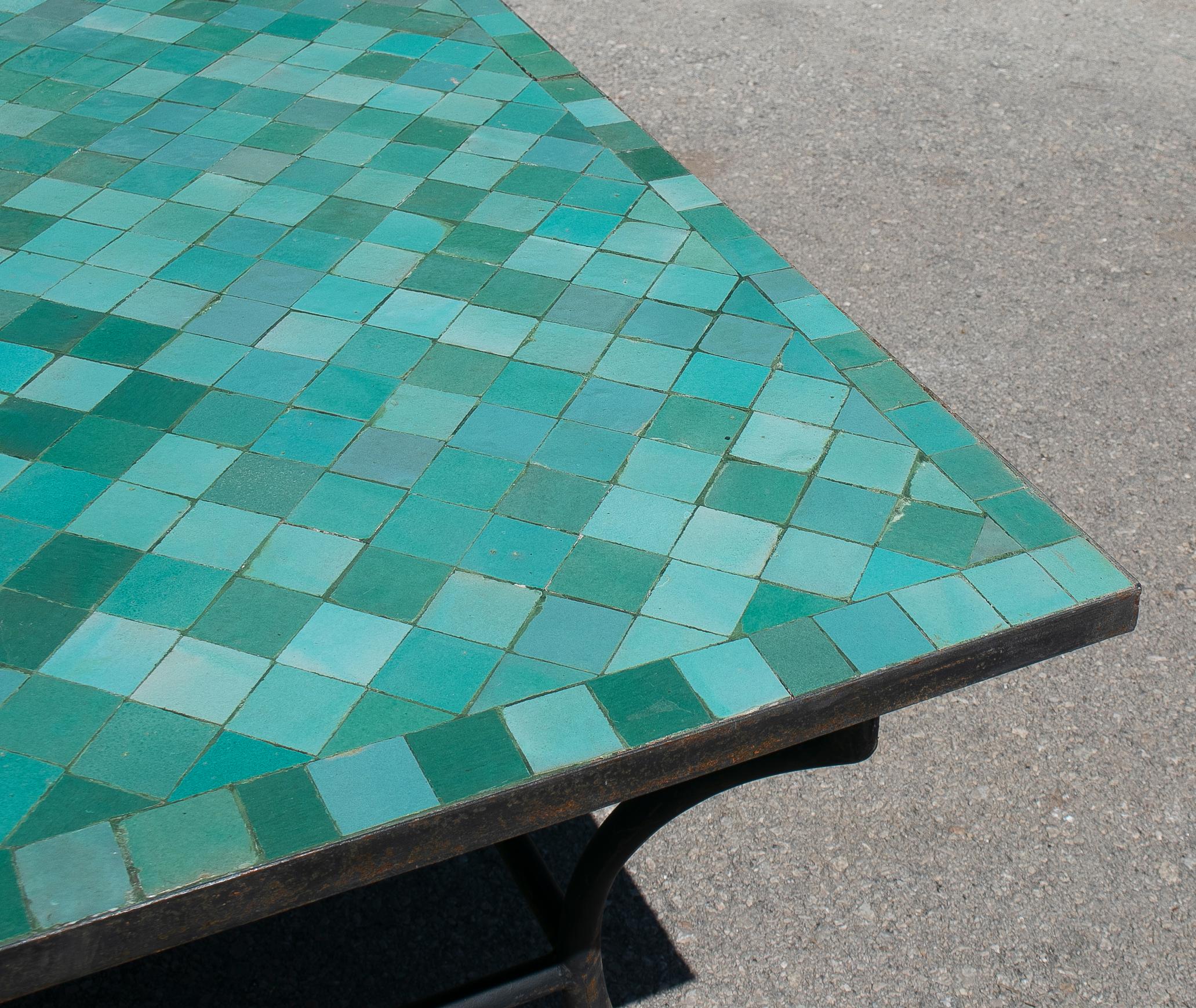 Ceramic Large Square Spanish Green Glazed Zellige Tiled Mosaic Iron Outdoor Table