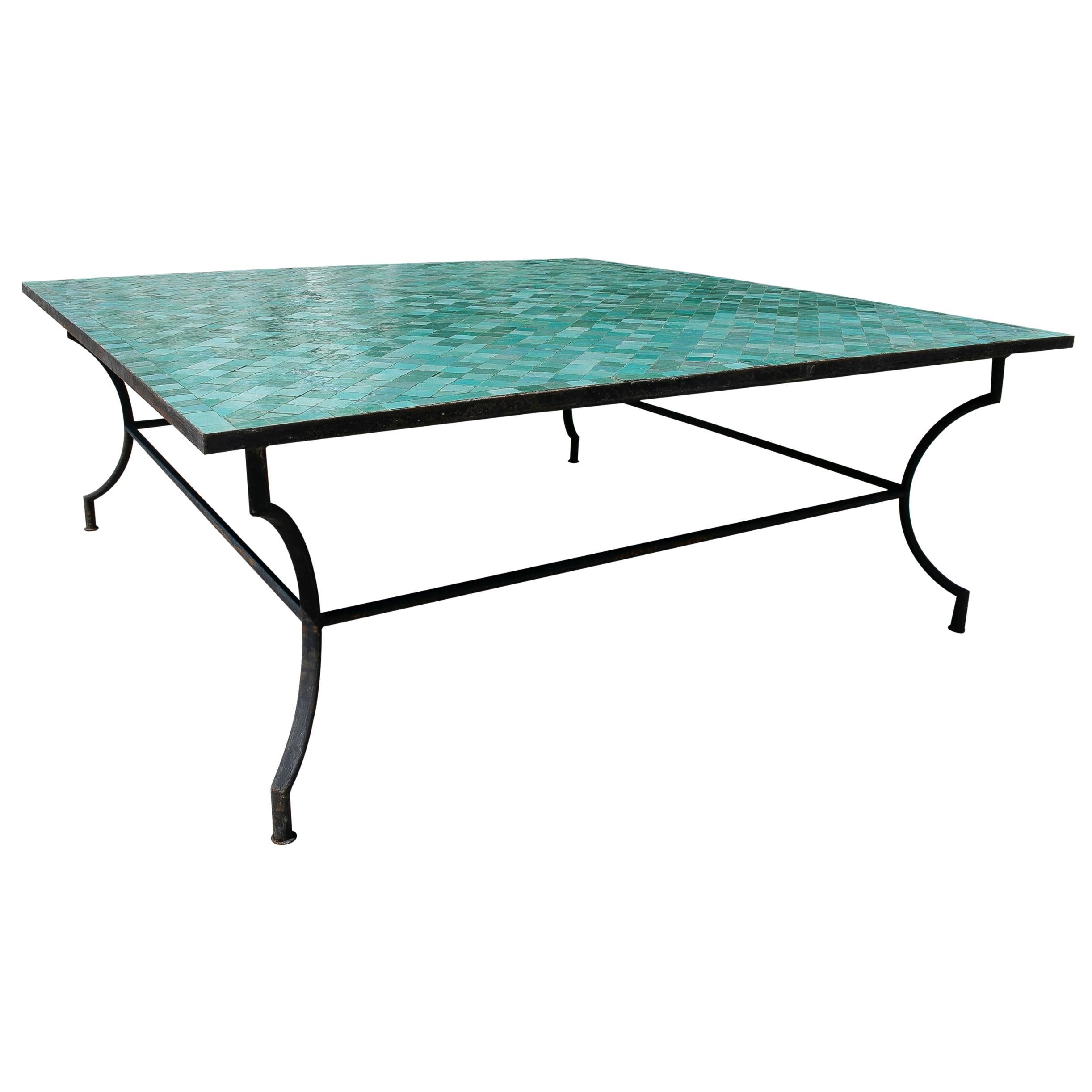 Large Square Spanish Green Glazed Zellige Tiled Mosaic Iron Outdoor Table  at 1stDibs