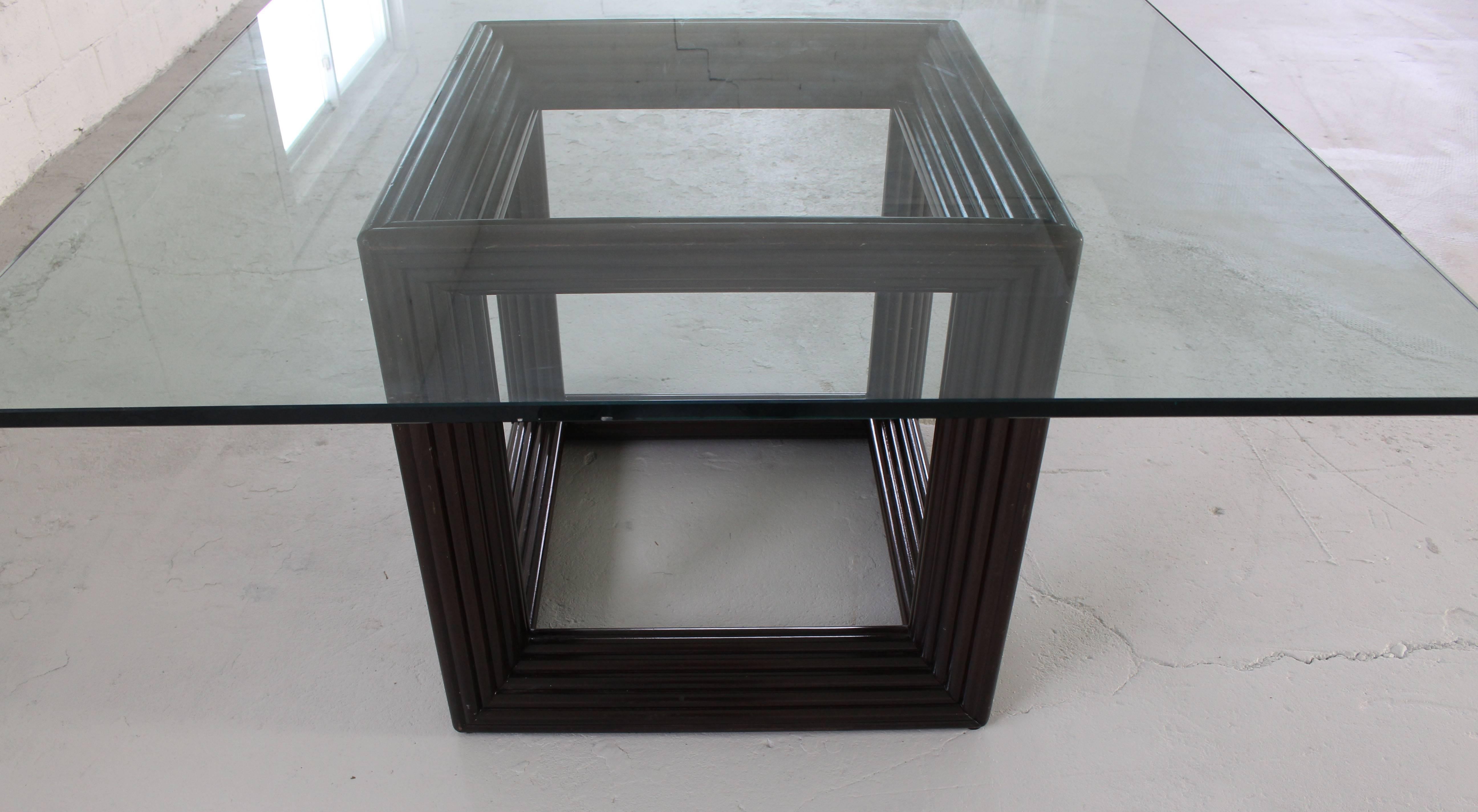 Large Square Thick Glass Top Rattan Cube Base Dining Conference Table For Sale 1