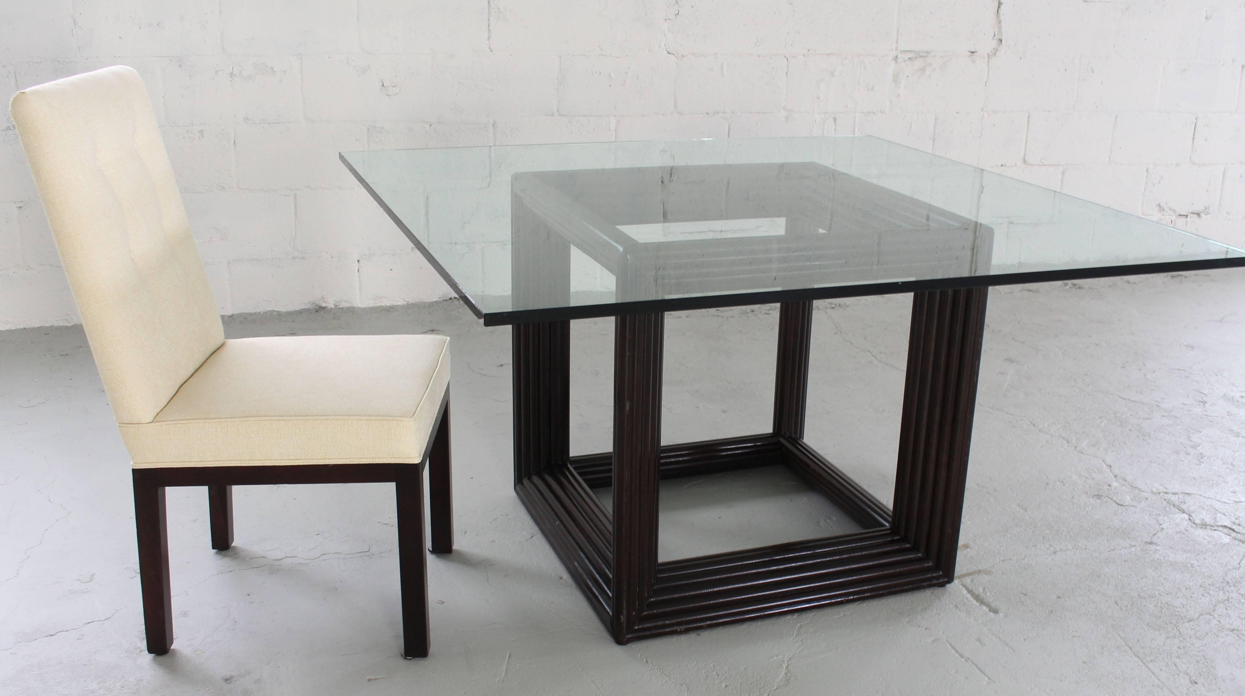 Large Square Thick Glass Top Rattan Cube Base Dining Conference Table For Sale 3