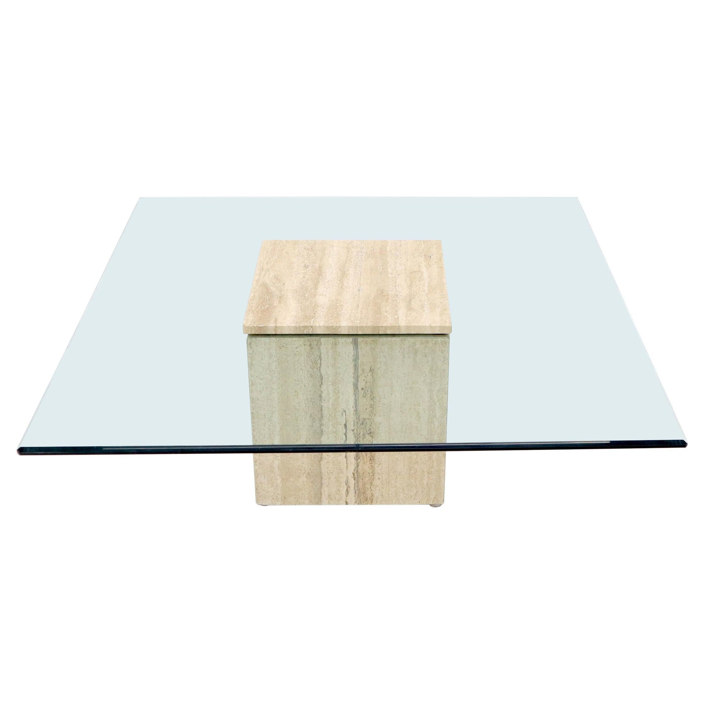 Large Square Travertine Base Glass Top Coffee Table