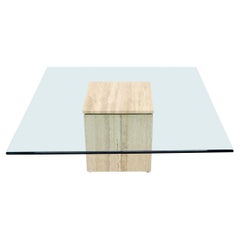 Large Square Travertine Base Glass Top Coffee Table