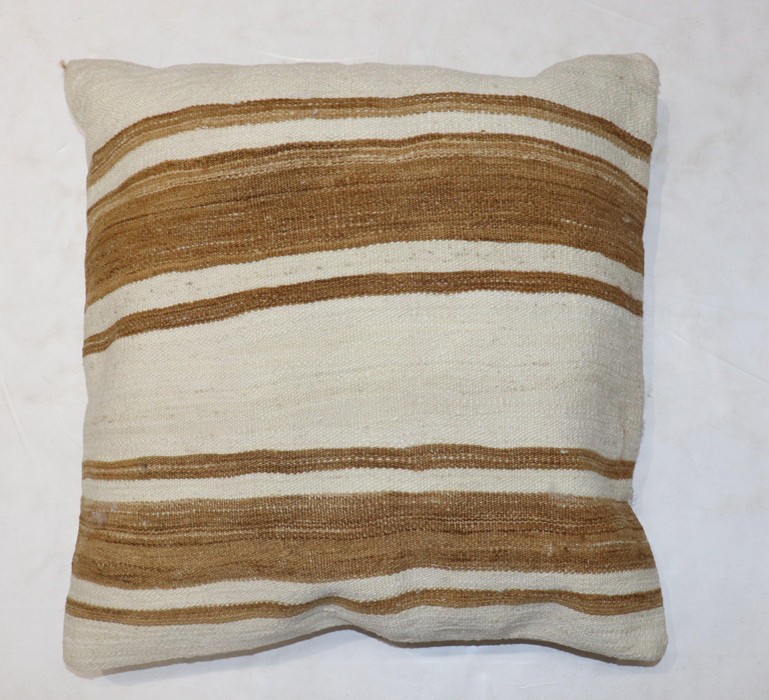 Large Square Turkish Kilim White Brown Pillow In Good Condition For Sale In New York, NY