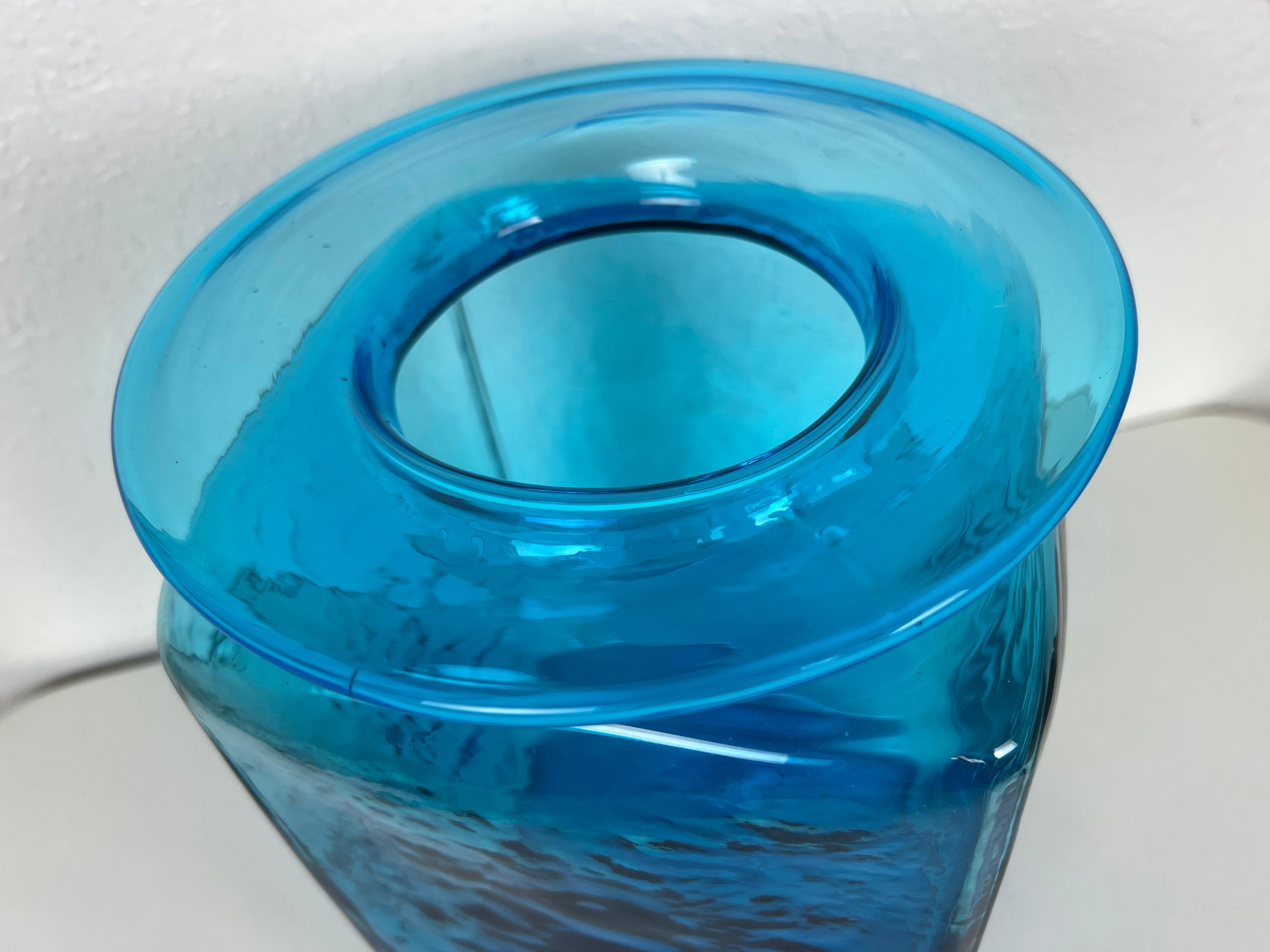 20th Century Large Turquoise Blue Hand Blown Glass Vase by Blenko For Sale