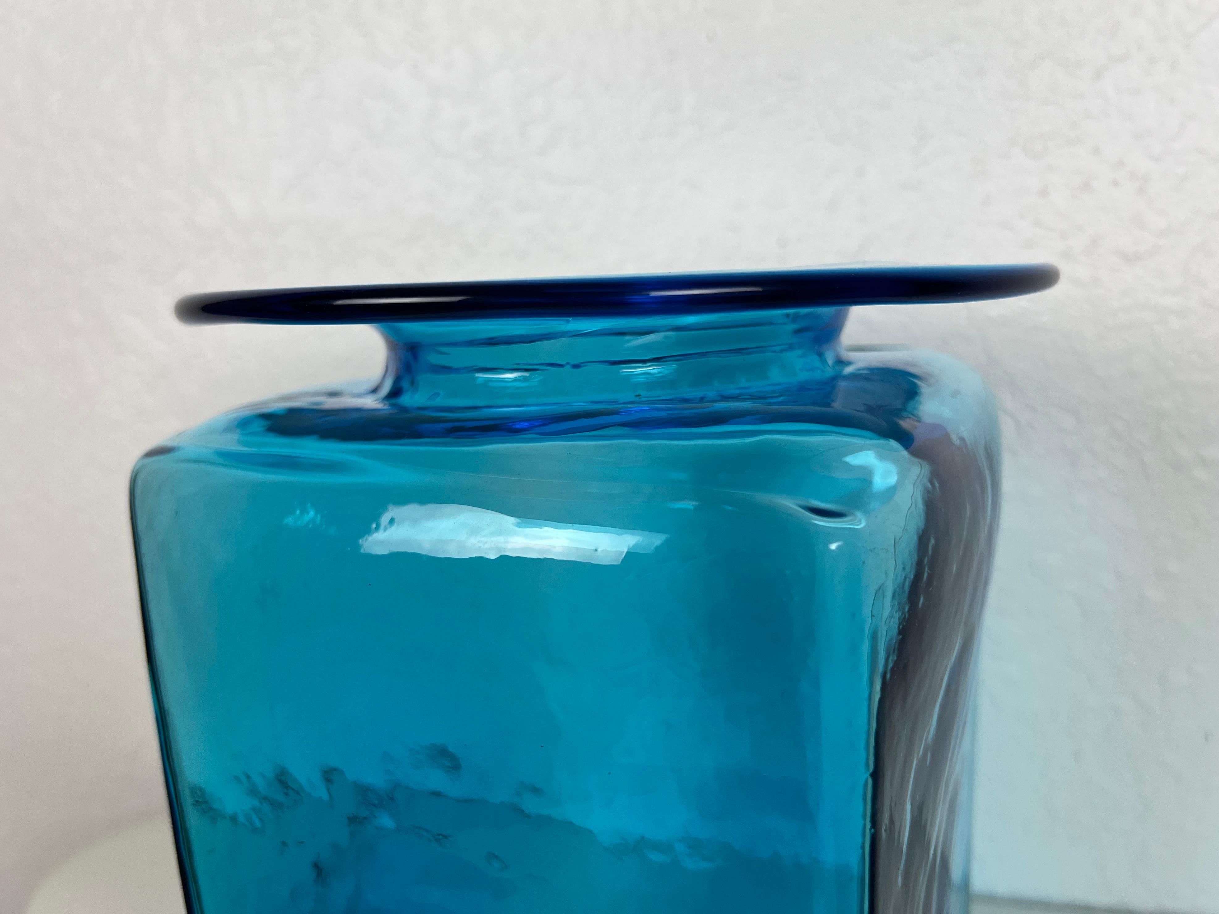 Large Turquoise Blue Hand Blown Glass Vase by Blenko For Sale 1