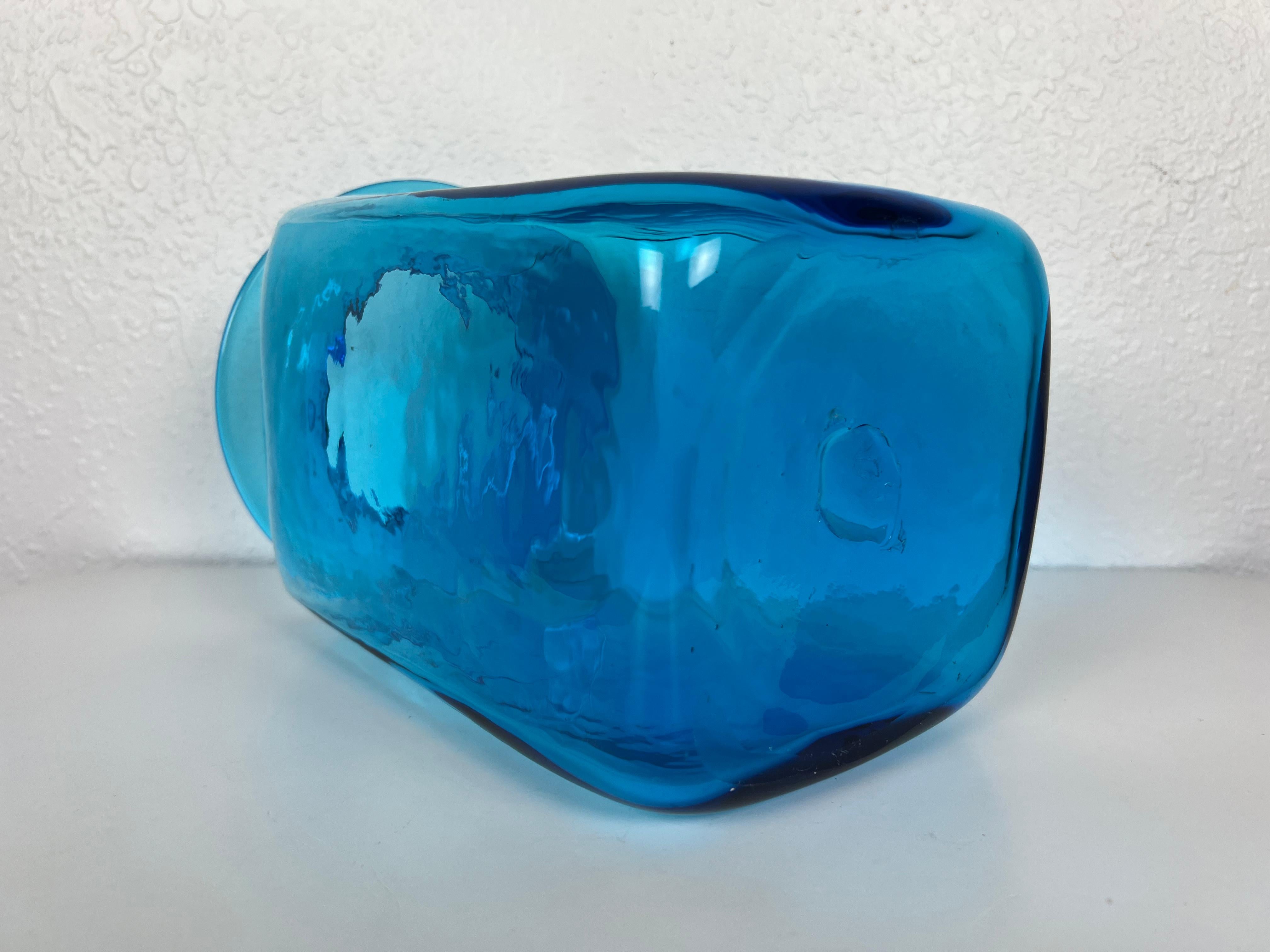 Large Turquoise Blue Hand Blown Glass Vase by Blenko For Sale 2