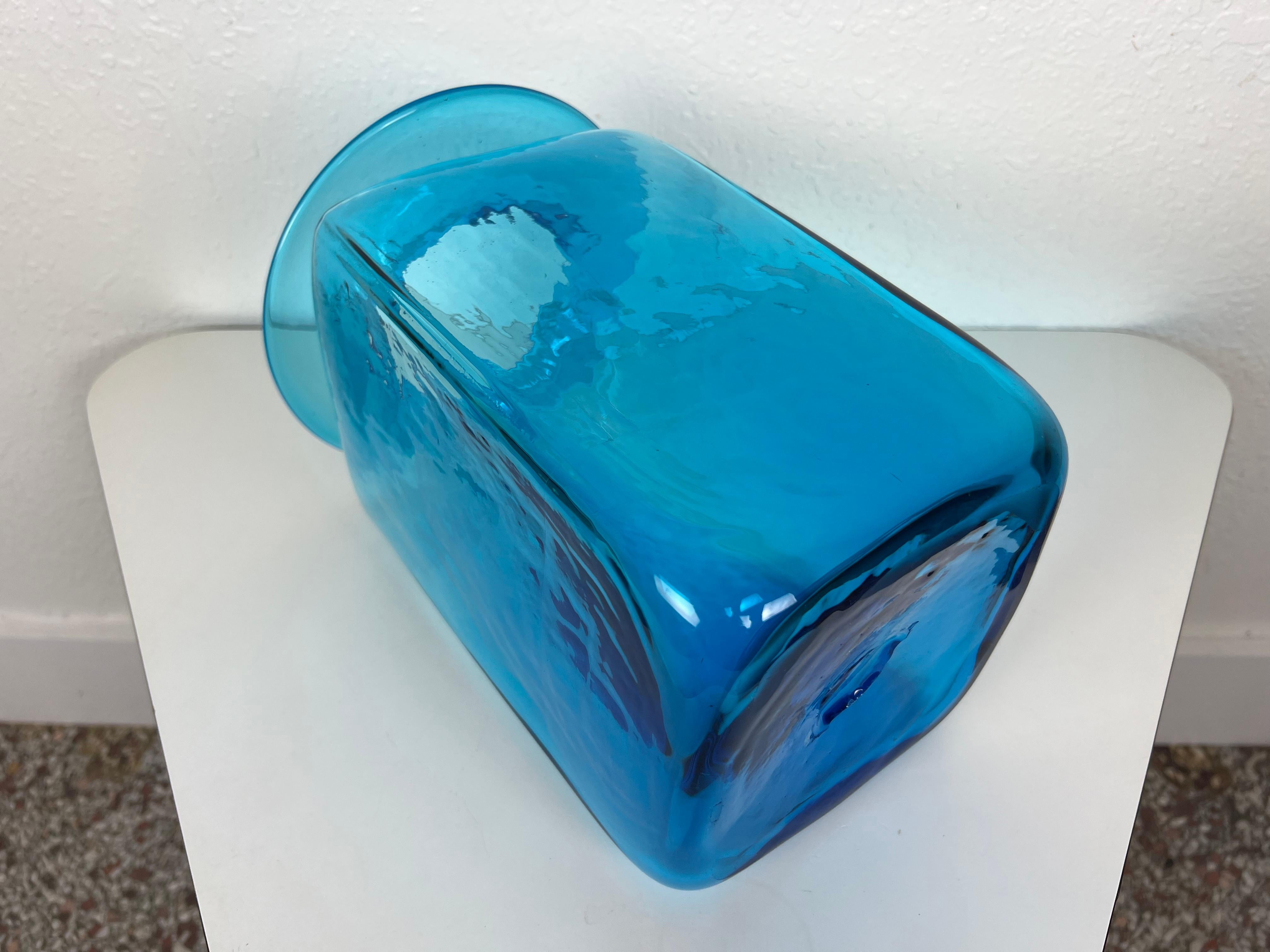 Large Turquoise Blue Hand Blown Glass Vase by Blenko For Sale 3