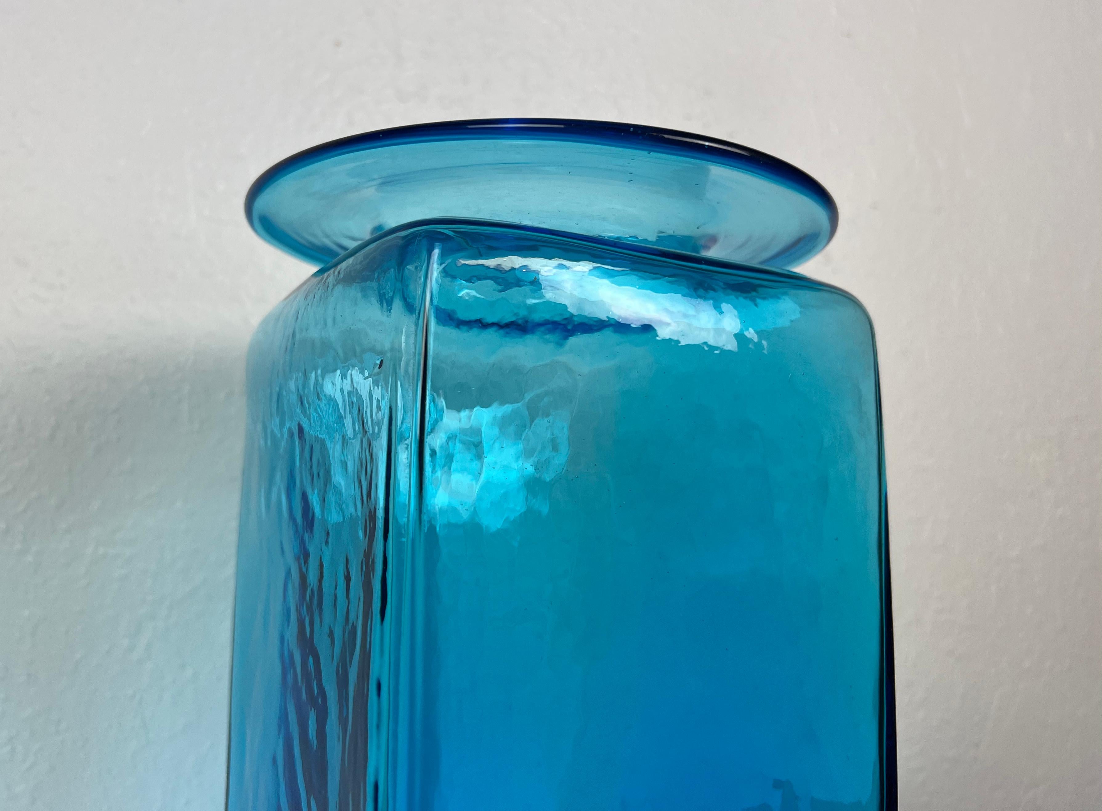 Mid-Century Modern Large Turquoise Blue Hand Blown Glass Vase by Blenko For Sale