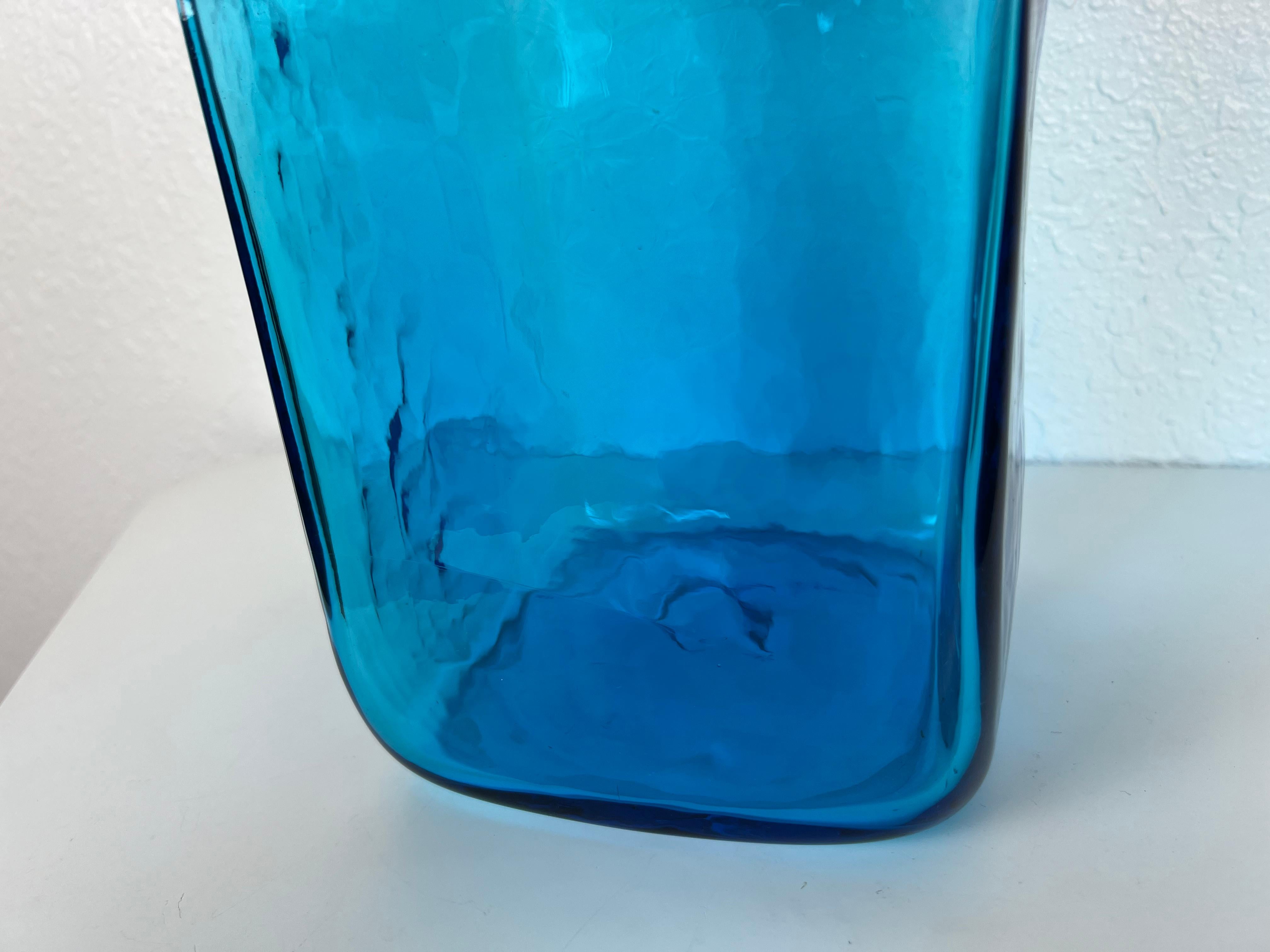 Hand-Crafted Large Turquoise Blue Hand Blown Glass Vase by Blenko For Sale