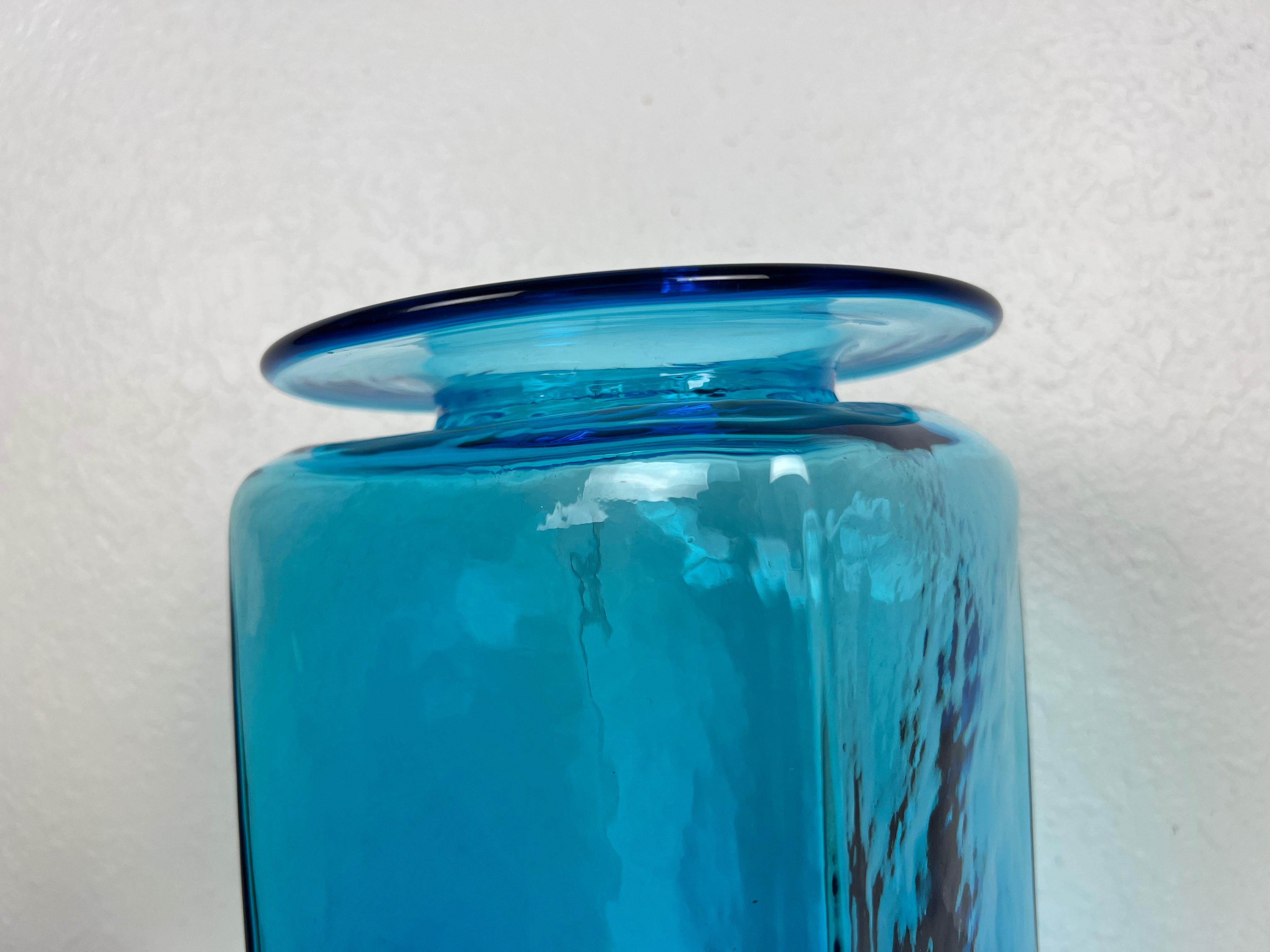 Large Turquoise Blue Hand Blown Glass Vase by Blenko In Good Condition For Sale In Fort Lauderdale, FL