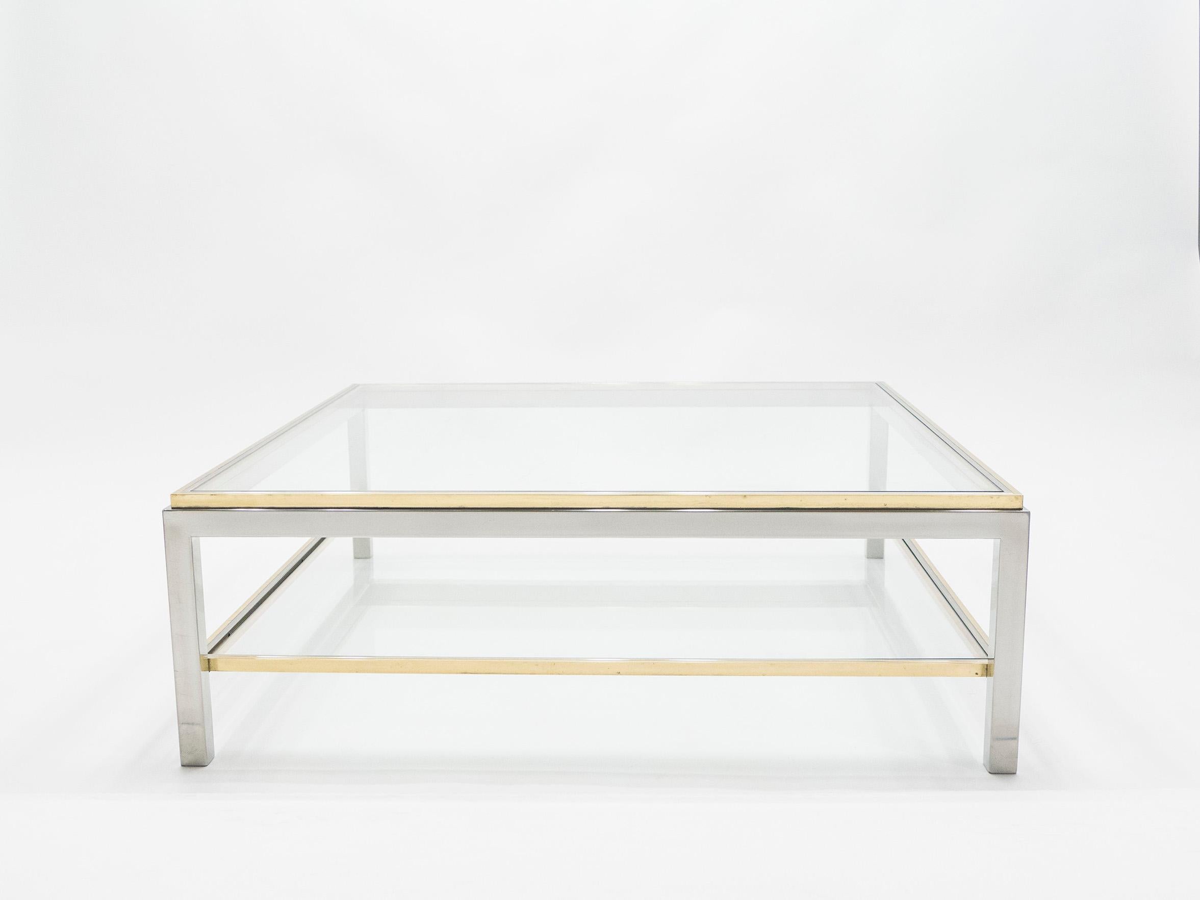 Hollywood Regency Large Square Two-Tier Brass Chrome Coffee Table Willy Rizzo Flaminia, 1970s