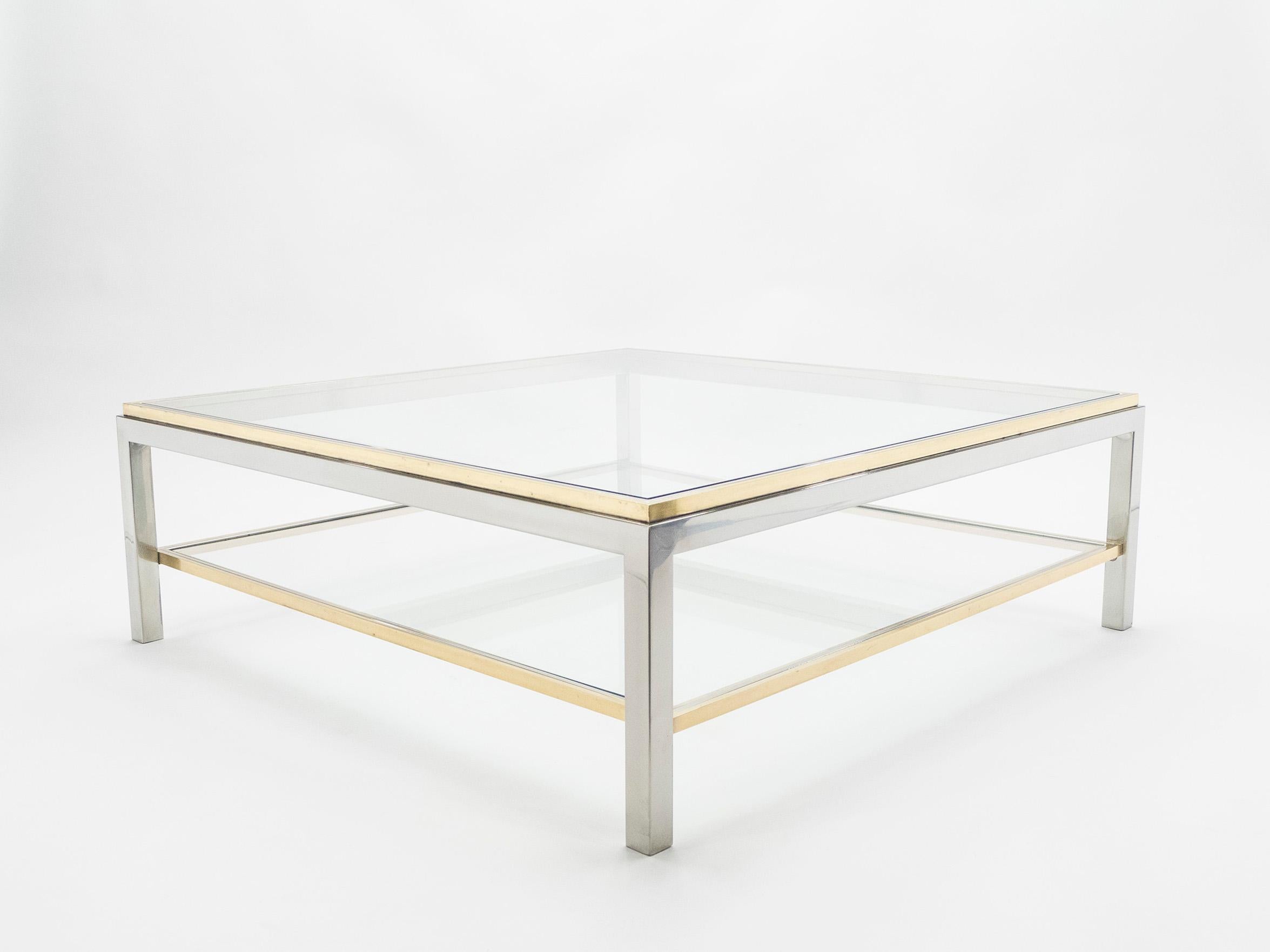 Italian Large Square Two-Tier Brass Chrome Coffee Table Willy Rizzo Flaminia, 1970s