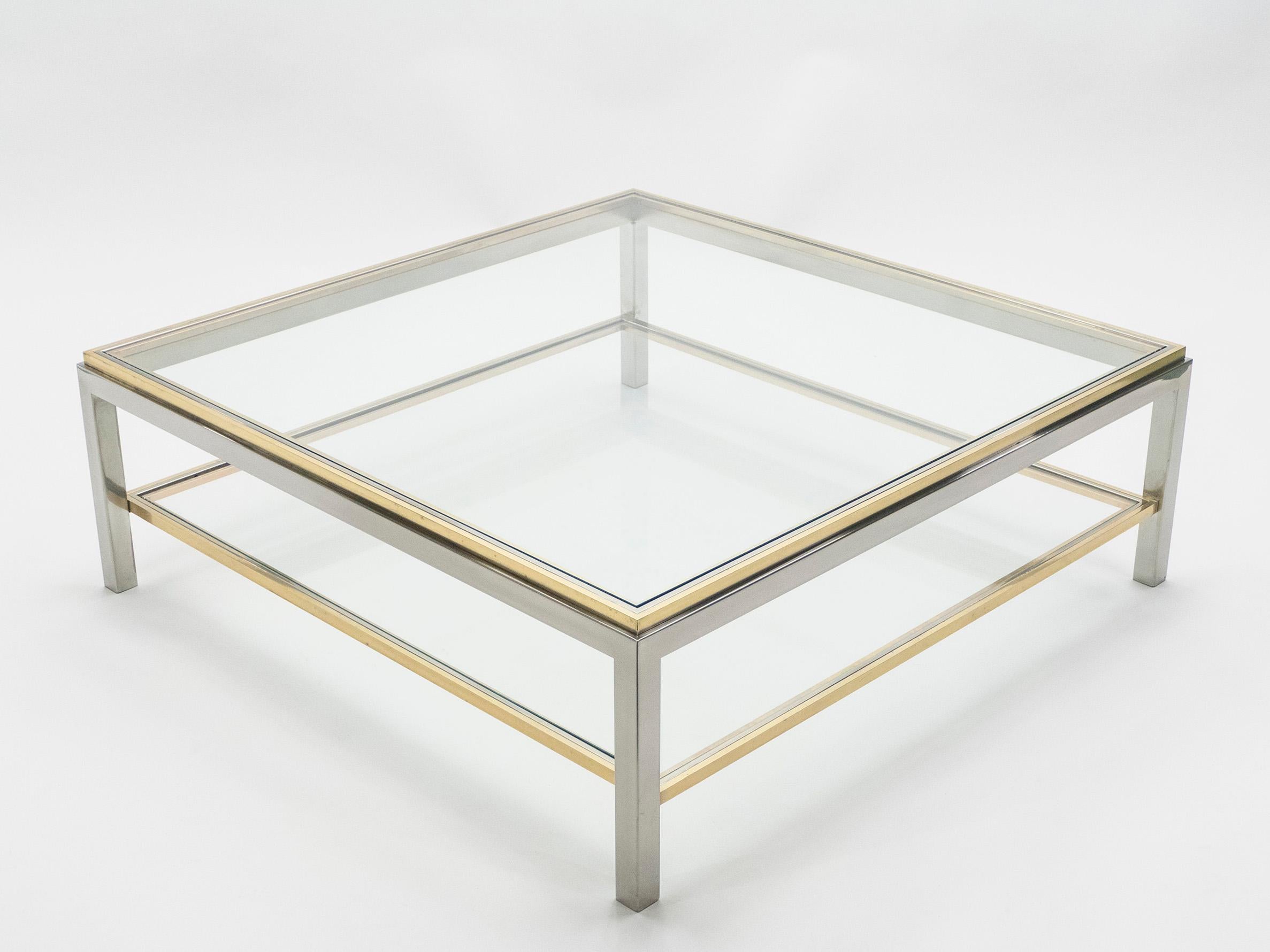 Large Square Two-Tier Brass Chrome Coffee Table Willy Rizzo Flaminia, 1970s In Good Condition In Paris, IDF