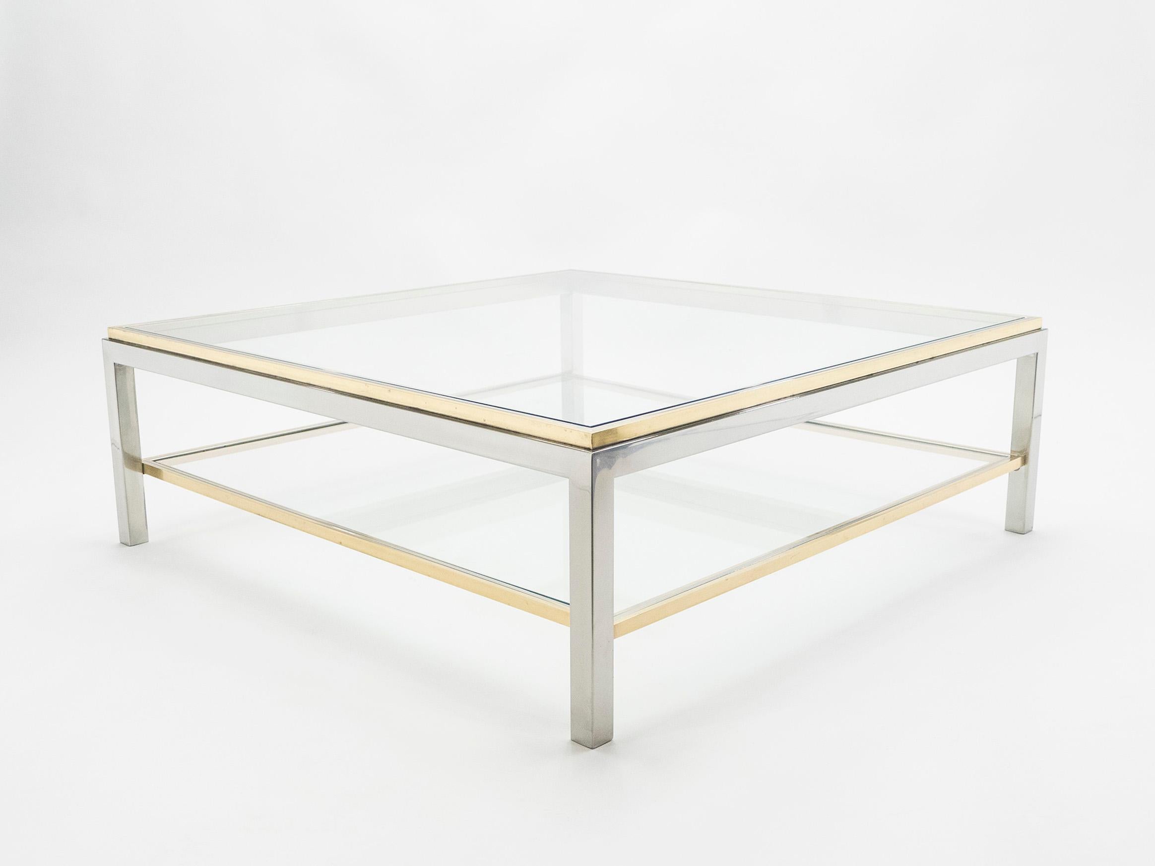 Late 20th Century Large Square Two-Tier Brass Chrome Coffee Table Willy Rizzo Flaminia, 1970s