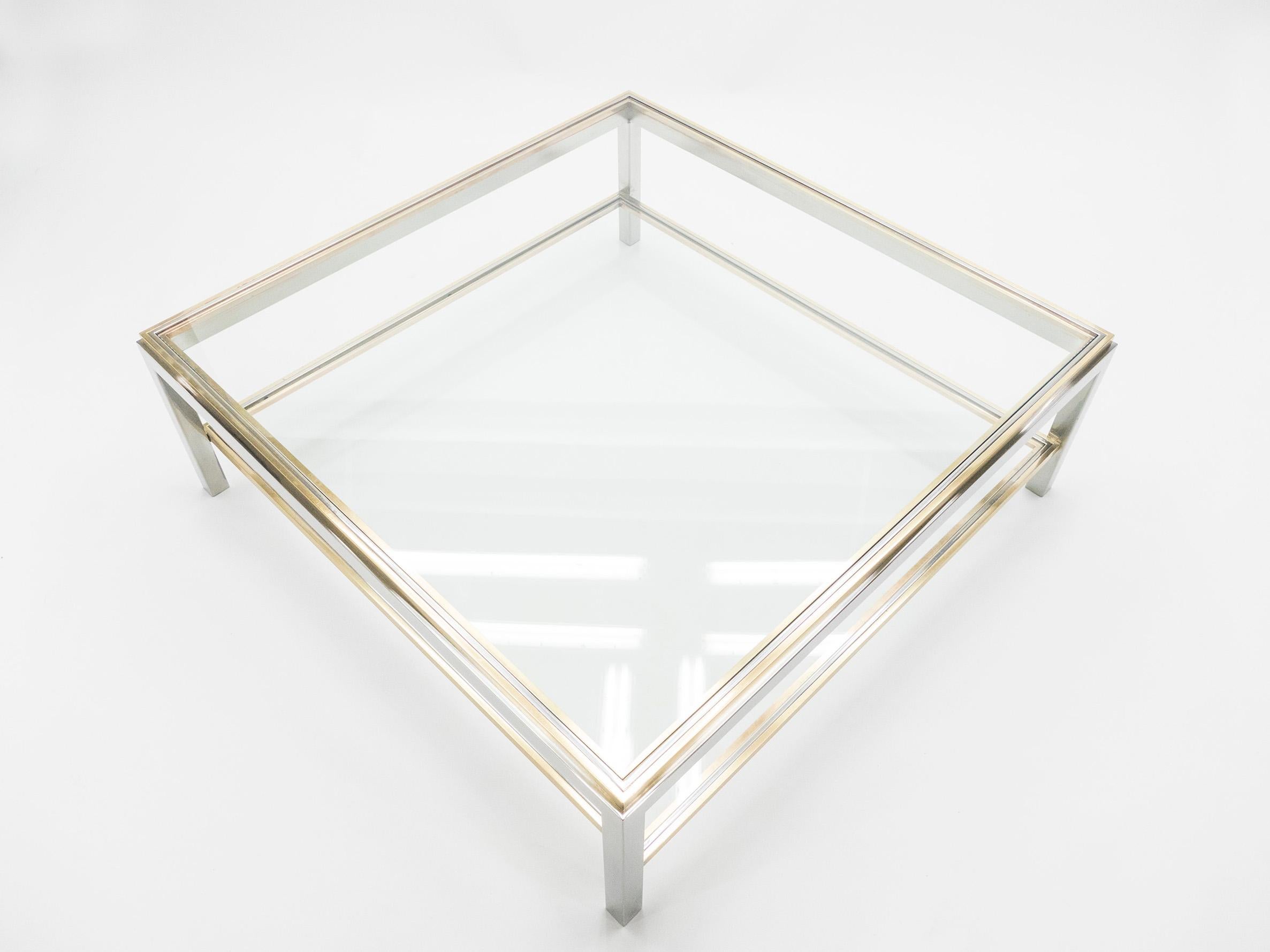 Large Square Two-Tier Brass Chrome Coffee Table Willy Rizzo Flaminia, 1970s 1