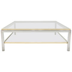Grande table basse carrée à deux niveaux en laiton chromé Willy Rizzo Flaminia:: 1970